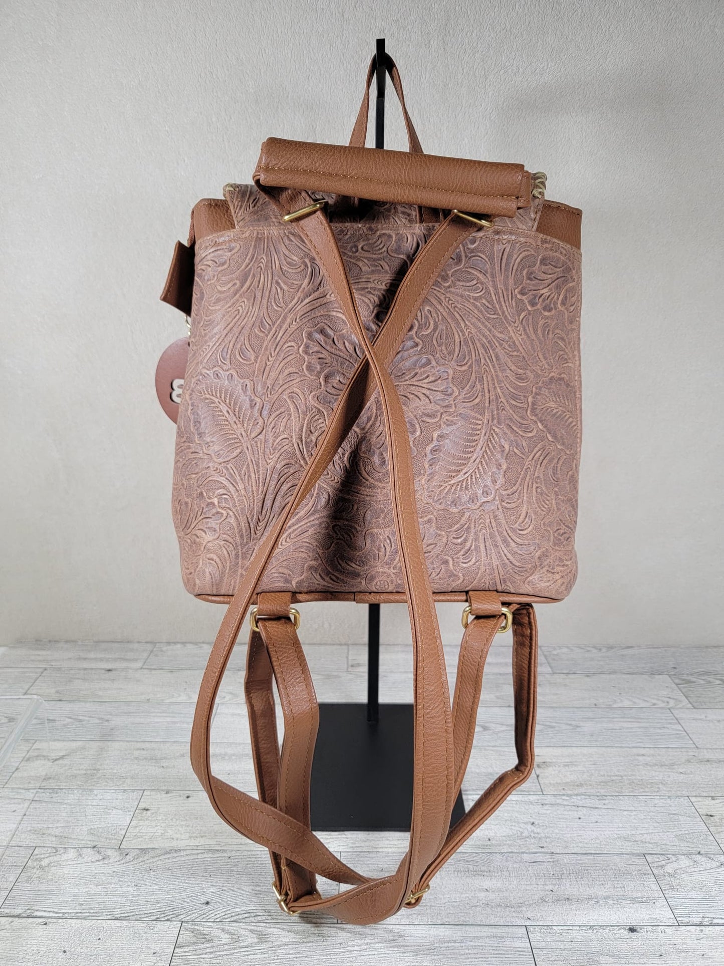 Embossed Leather Stitch Convertible Backpack