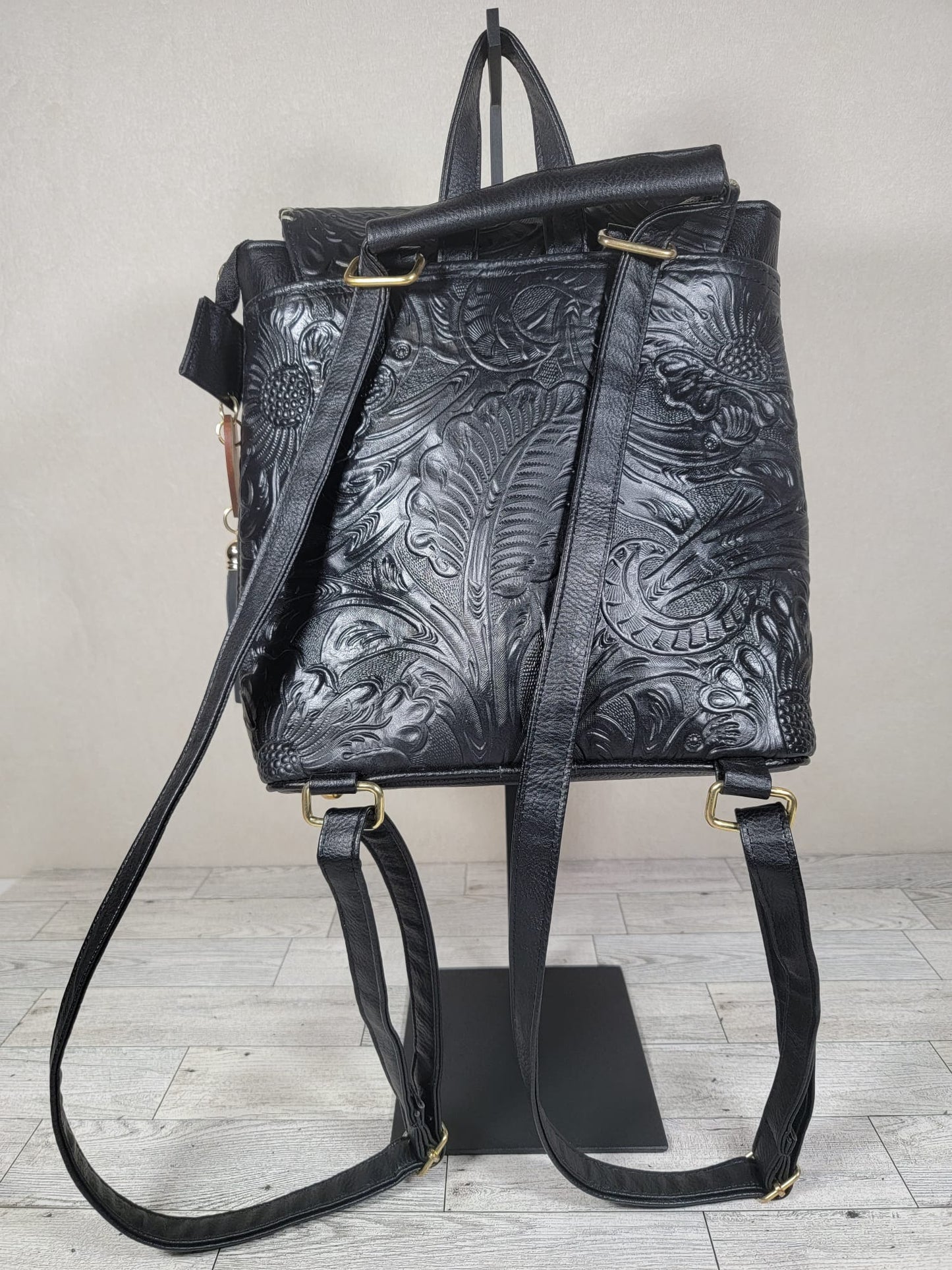 Embossed Leather Stitch Convertible Backpack