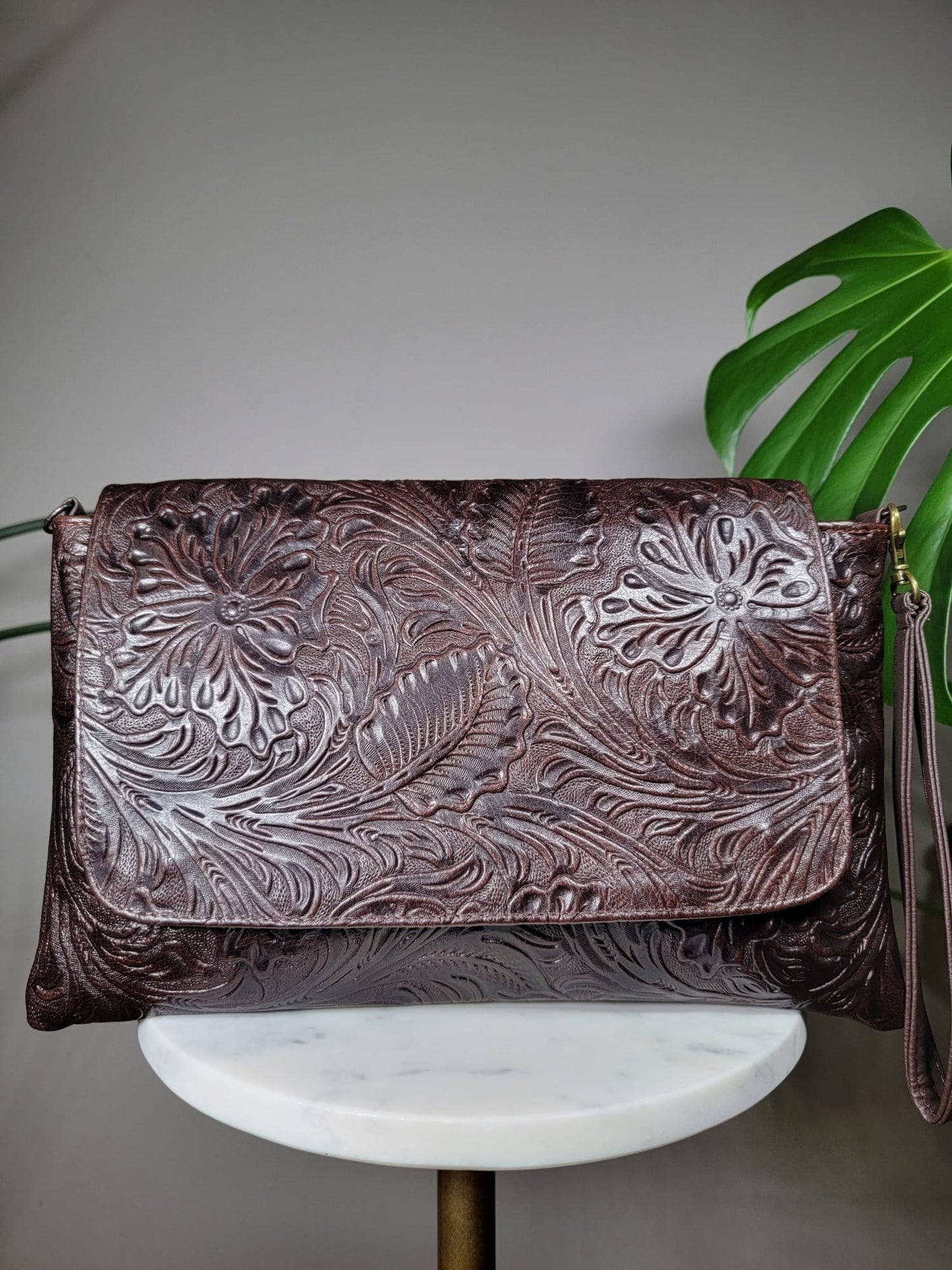 Embossed Leather Convertible Clutch Envelope