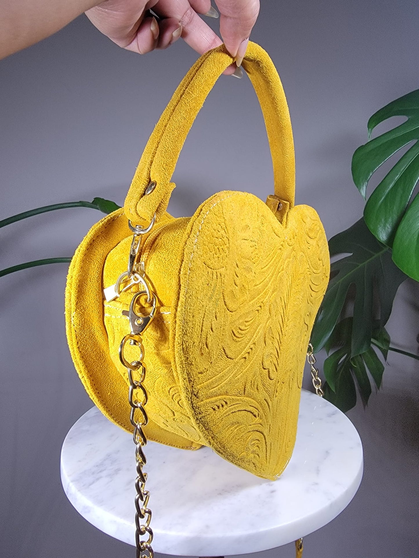 Embossed Suede Leather Convertible Heart Handbag