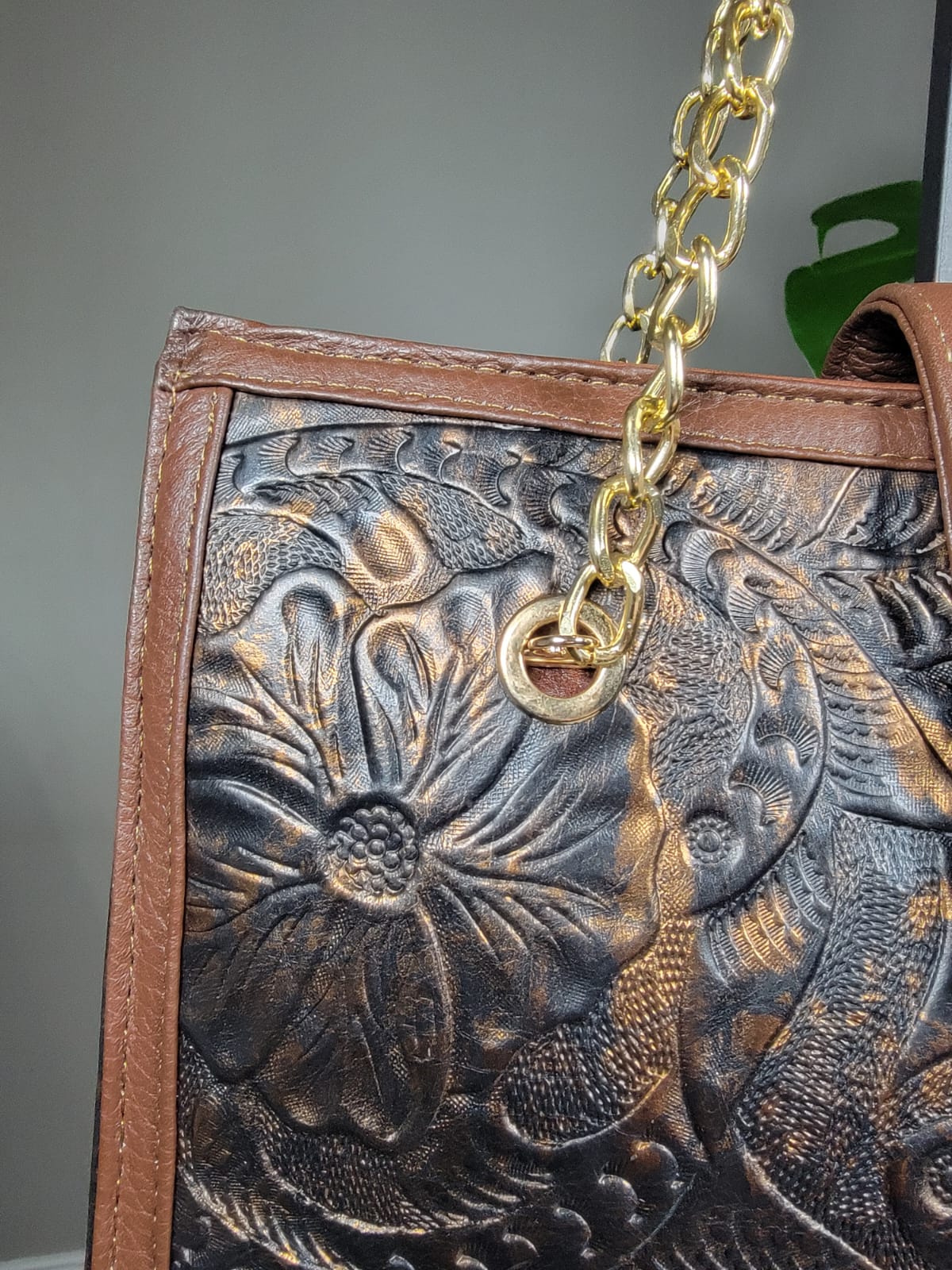 Embossed Leather Structured Shoulder Bag