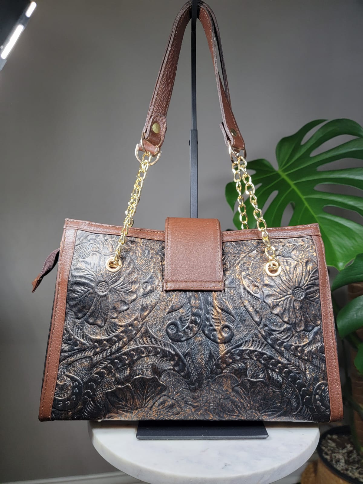 Embossed Leather Structured Shoulder Bag