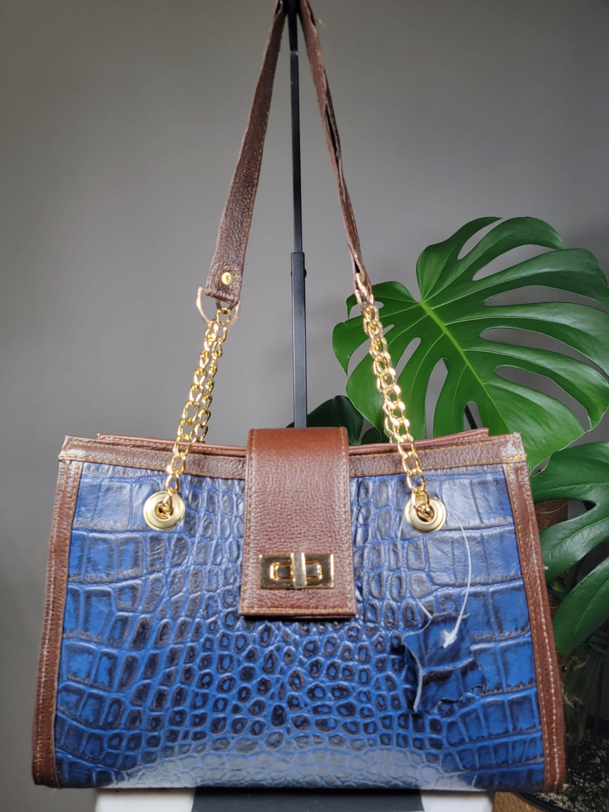 Embossed Leather Structured Shoulder Bag