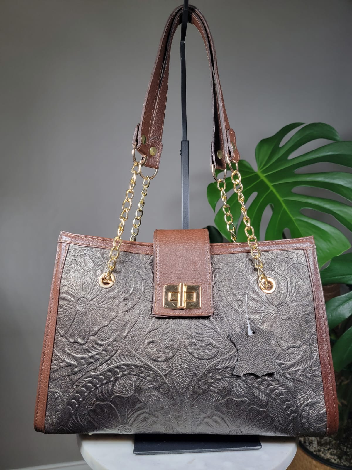 Embossed Leather Structured Shoulder Bag