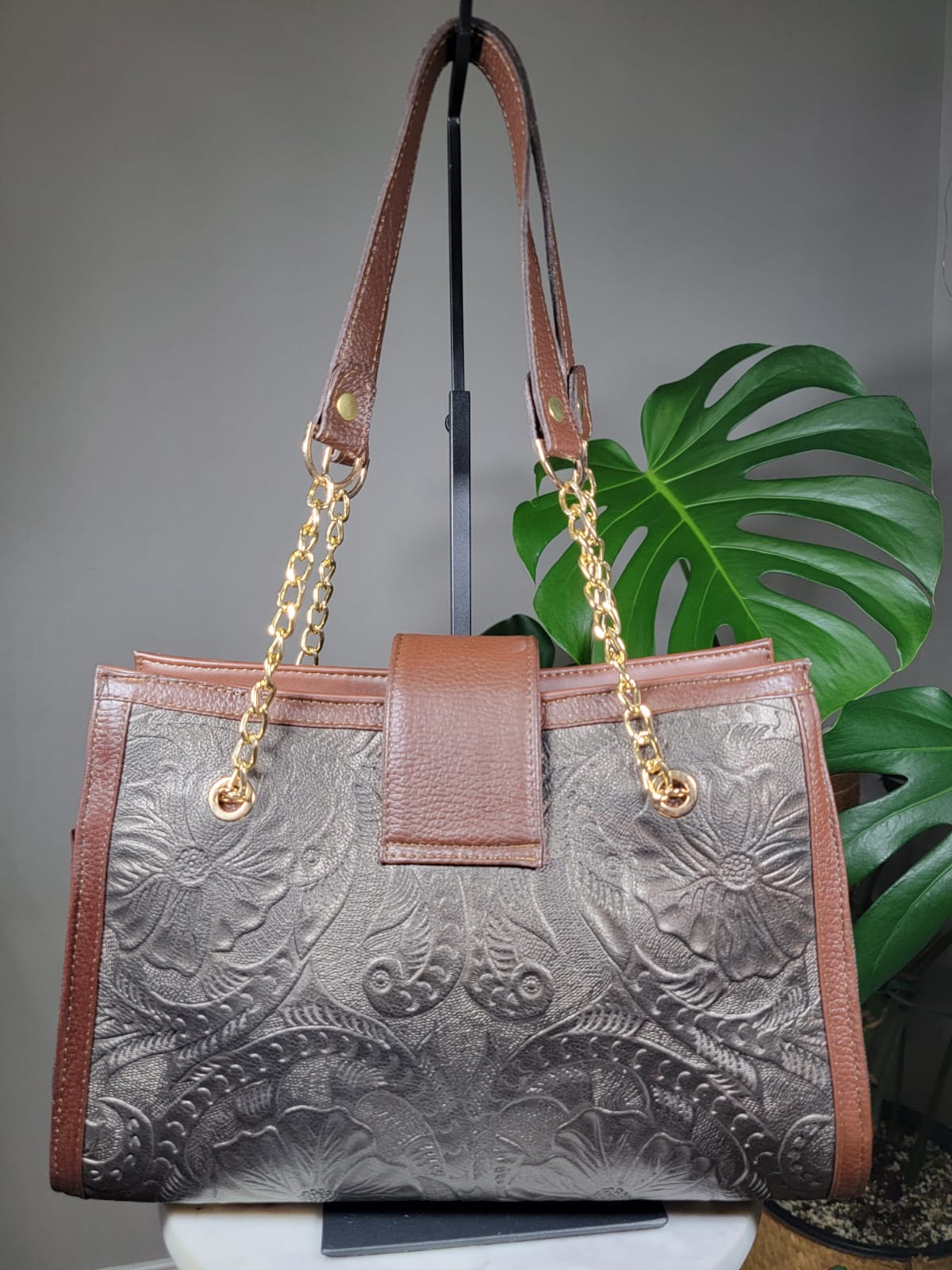 Embossed Leather Structured Shoulder Bag