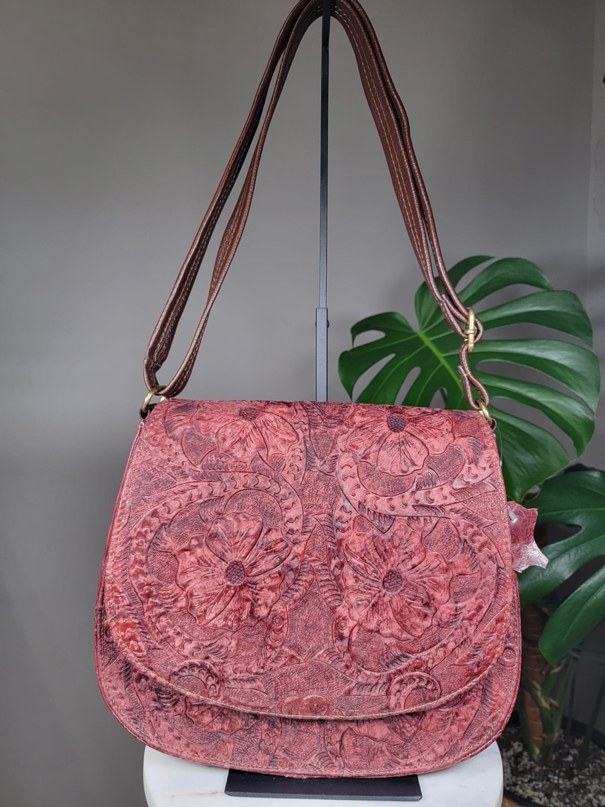 Large Embossed Leather Bandolera Crossbody Bag