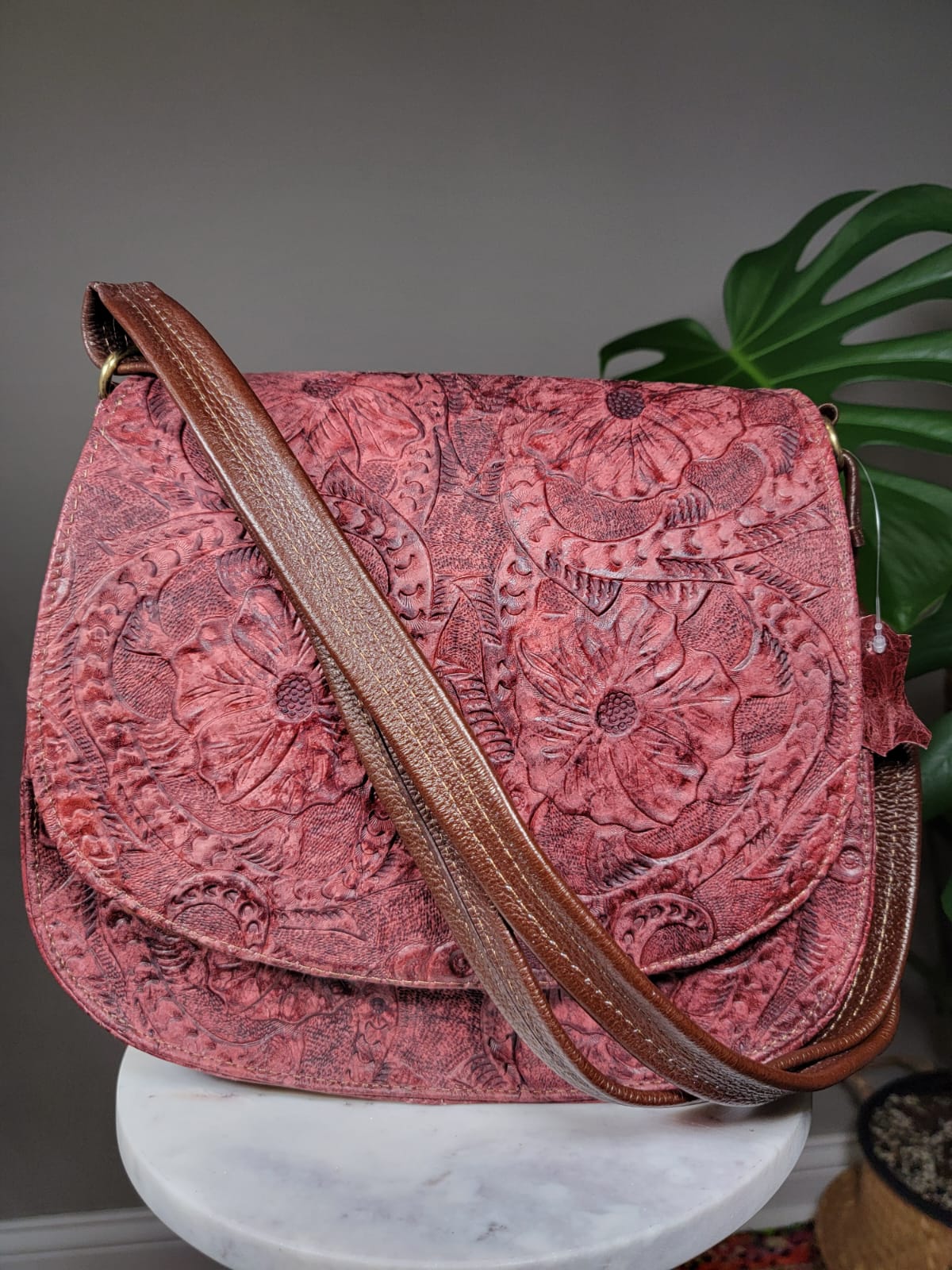 Large Embossed Leather Bandolera Crossbody Bag