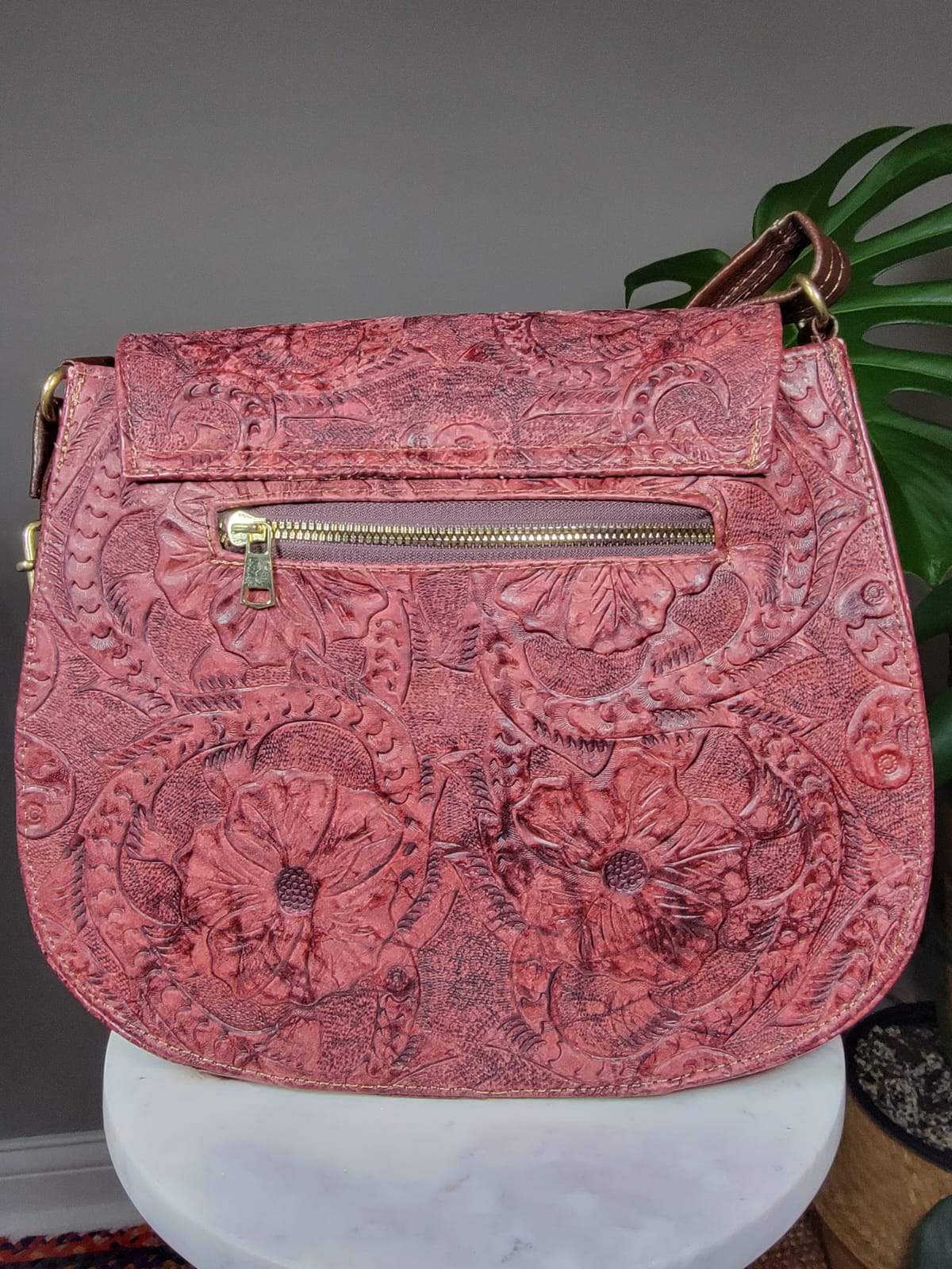 Large Embossed Leather Bandolera Crossbody Bag