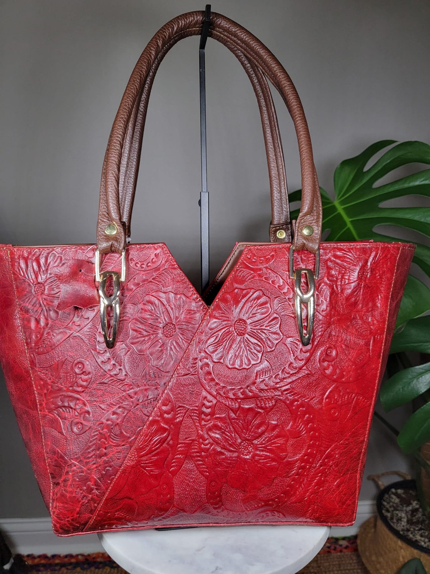 Embossed Leather V Floral Tote