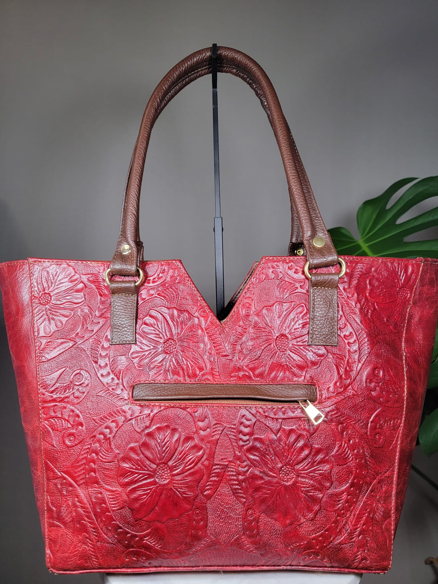 Embossed Leather V Floral Tote