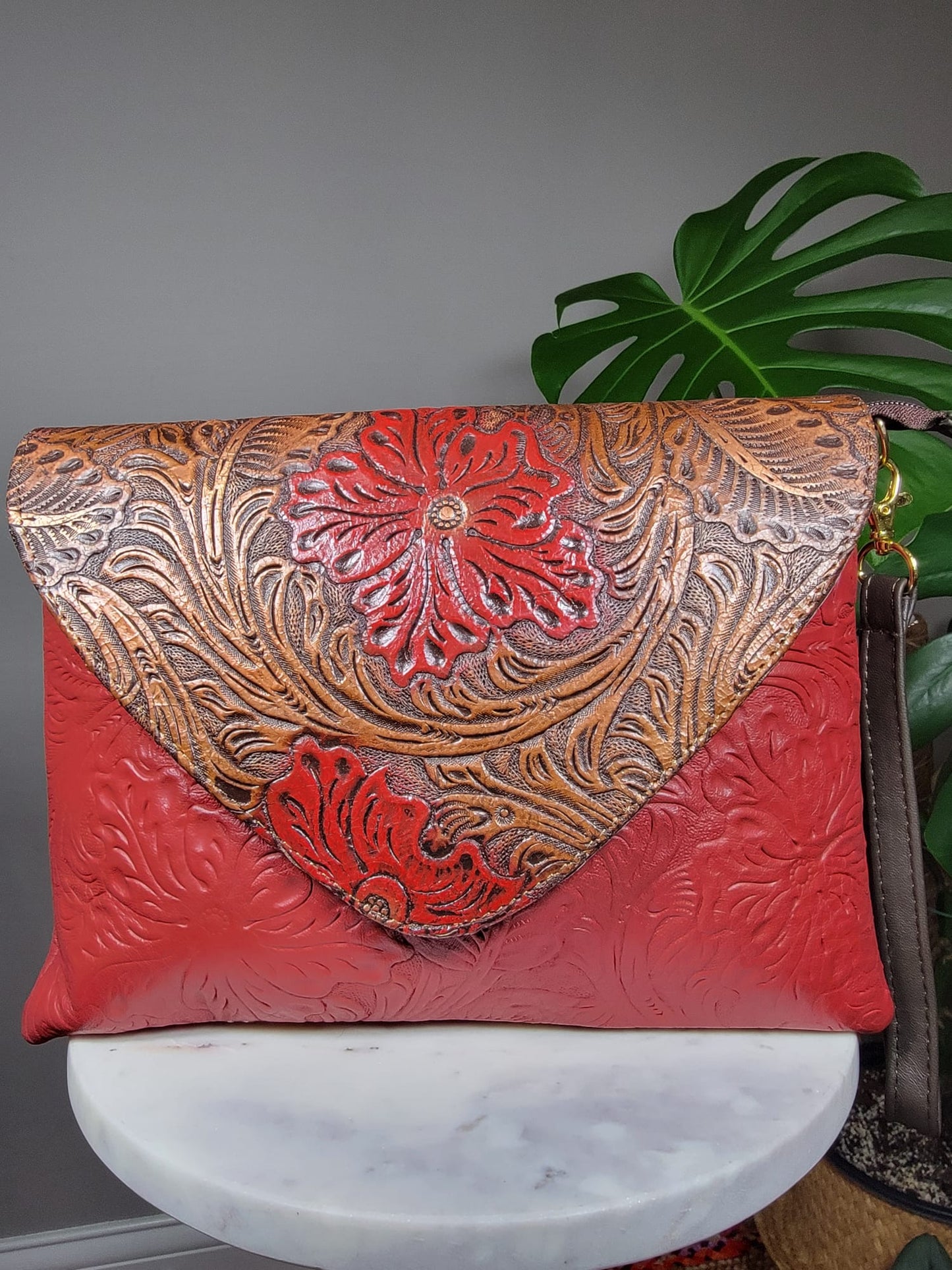 Hand Painted Embossed Leather Convertible Clutch Envelope