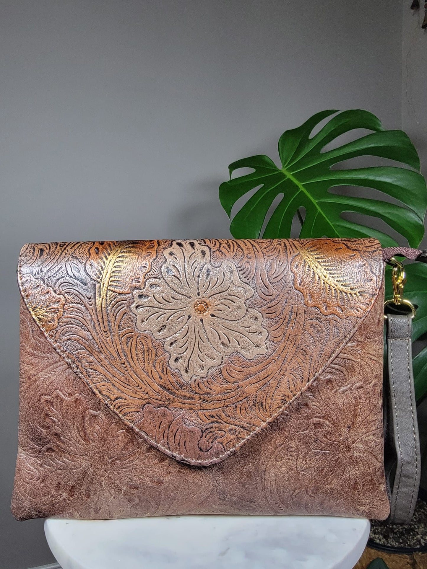 Hand Painted Embossed Leather Convertible Clutch Envelope