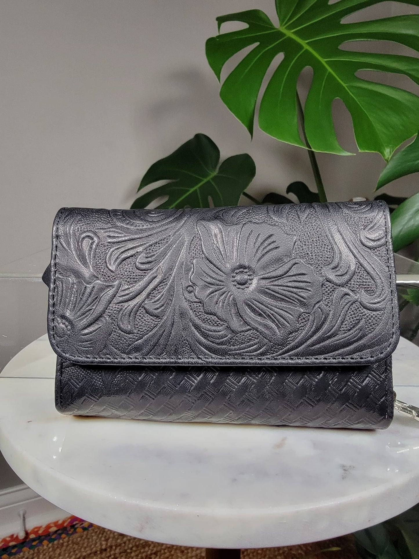 Medium Embossed Leather Basket Weave Floral Trifold Zipper Wallet