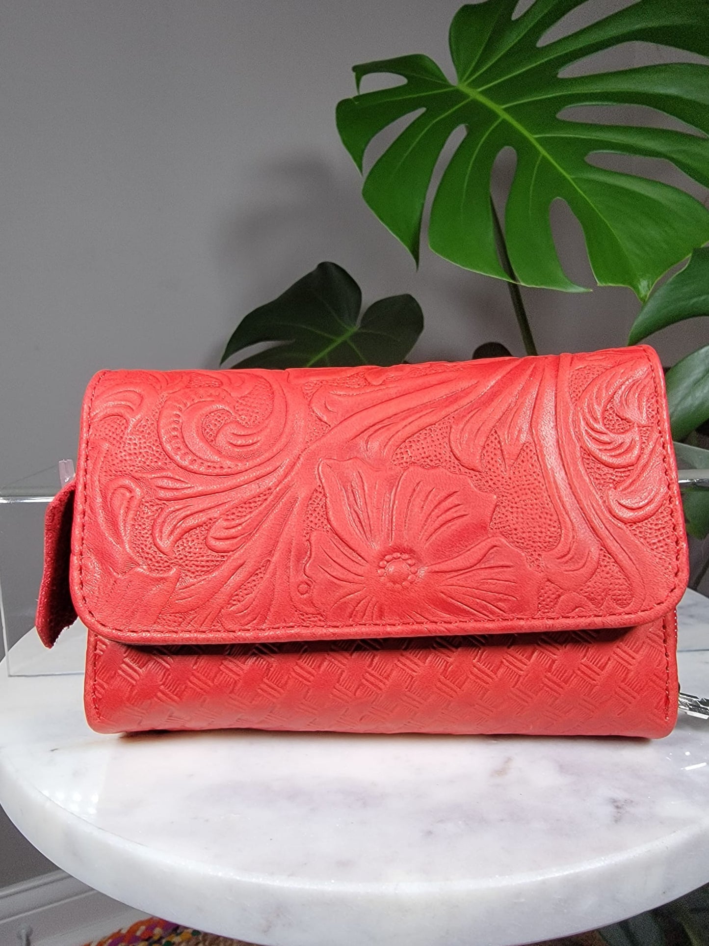 Medium Embossed Leather Basket Weave Floral Trifold Zipper Wallet