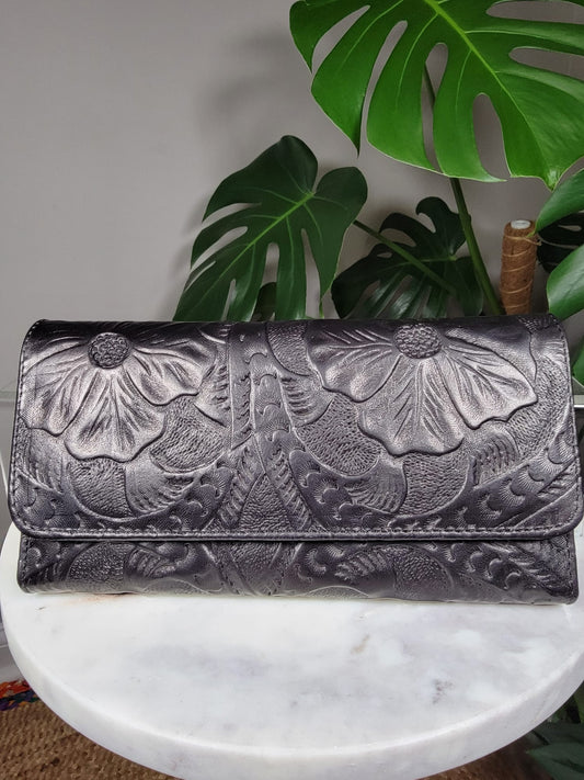 Large Embossed Leather Floral Trifold Wallet