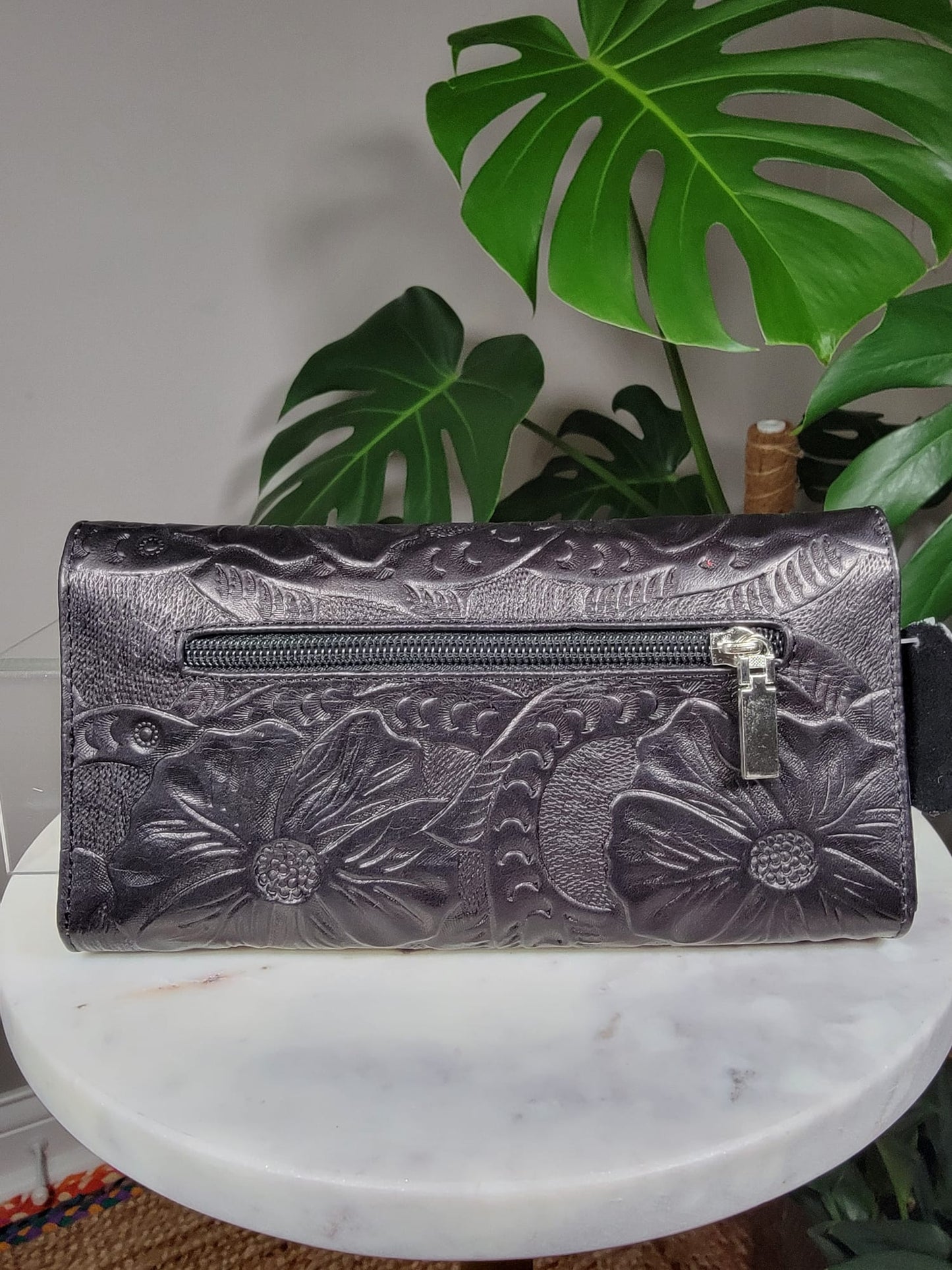 Large Embossed Leather Floral Trifold Wallet