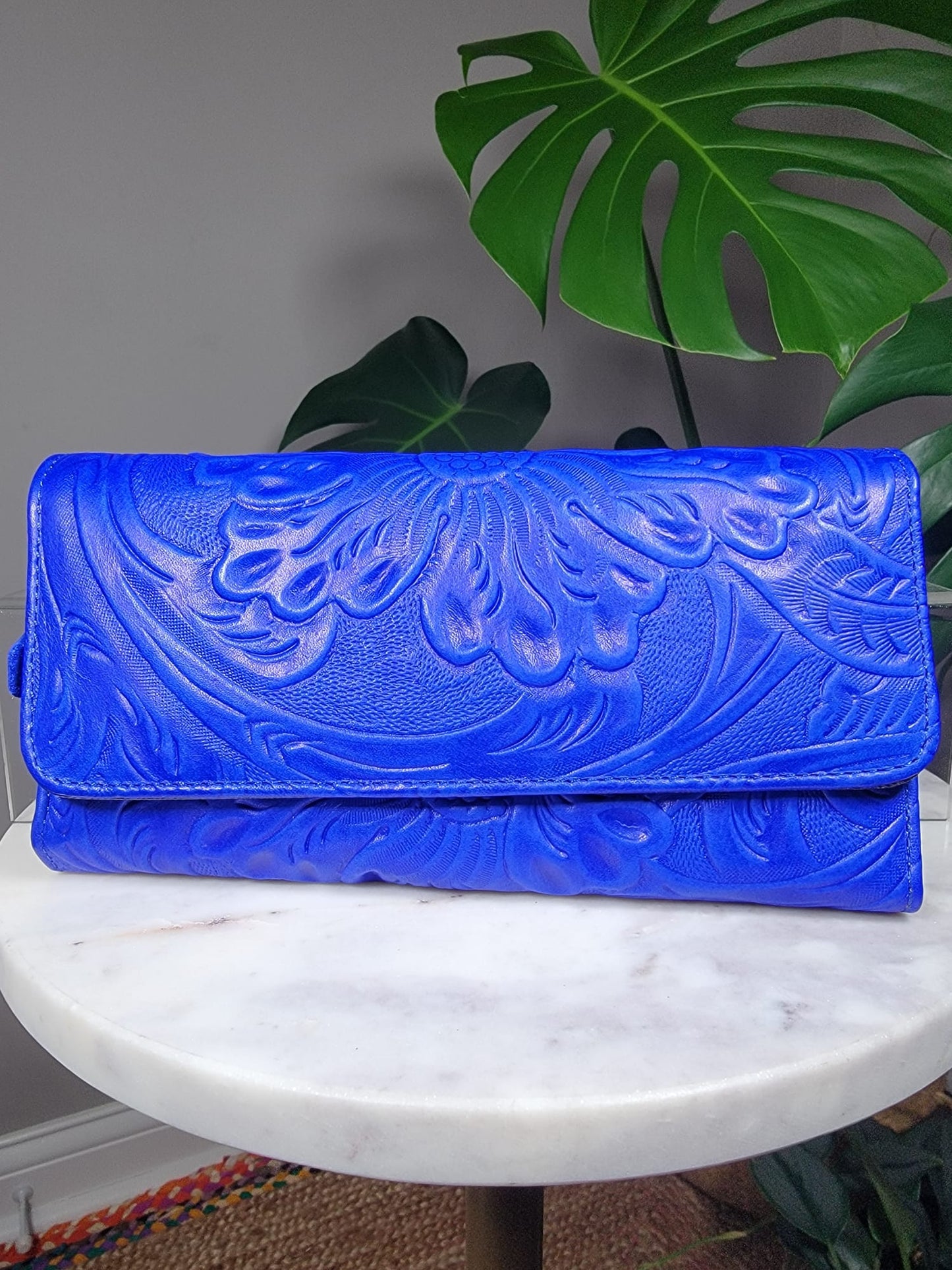 Large Embossed Leather Floral Trifold Wallet