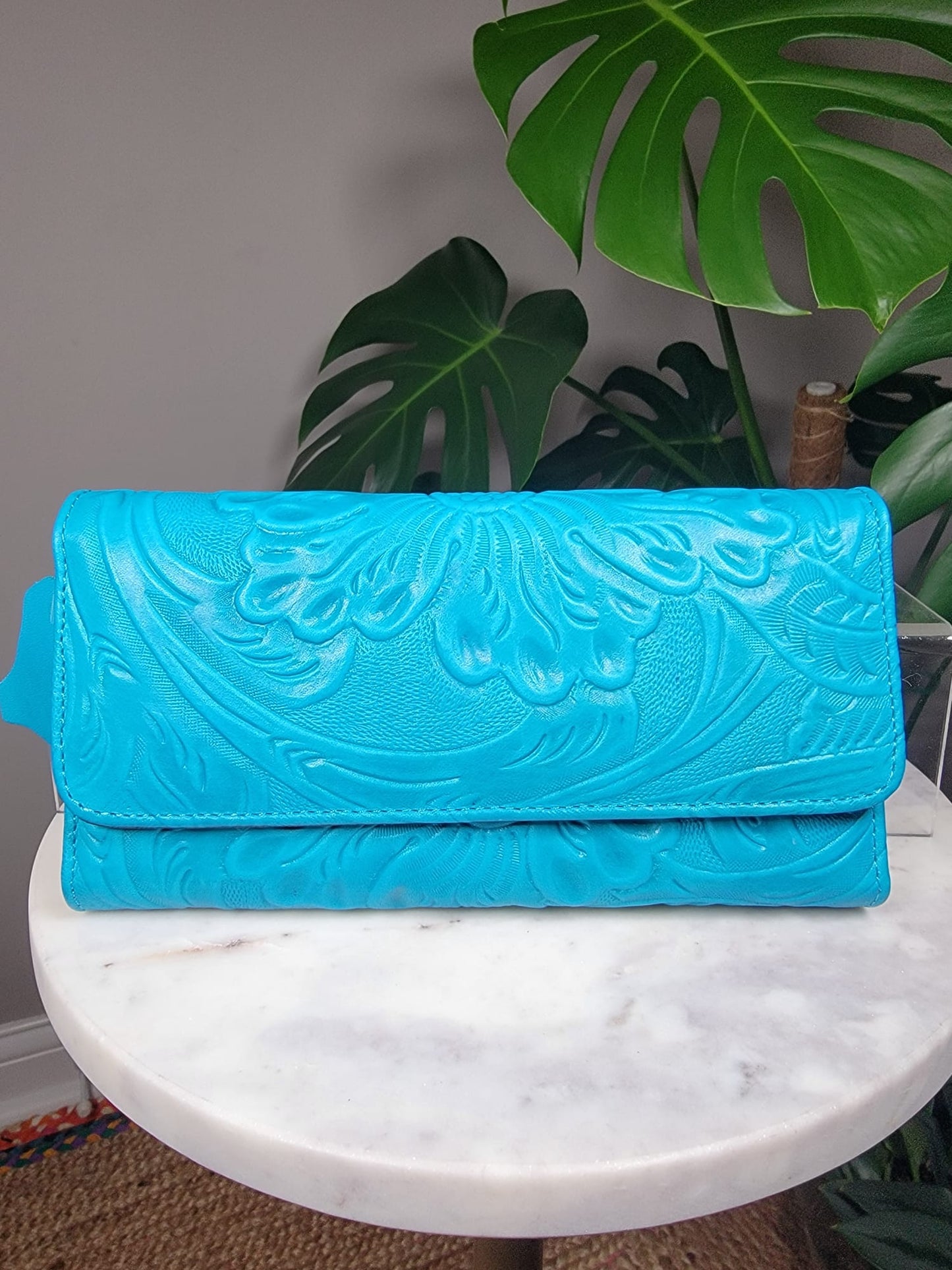 Large Embossed Leather Floral Trifold Wallet