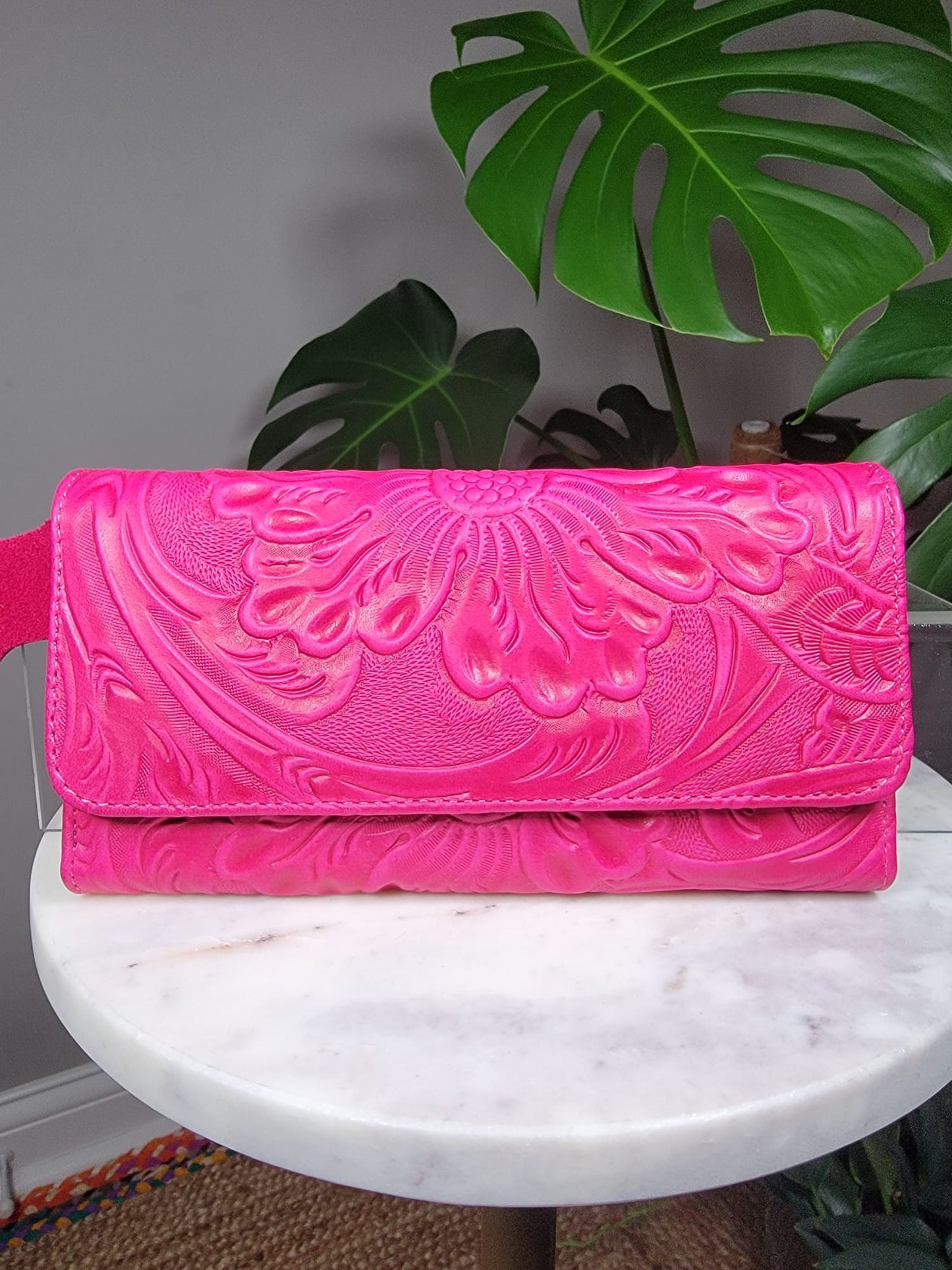 Large Embossed Leather Floral Trifold Wallet