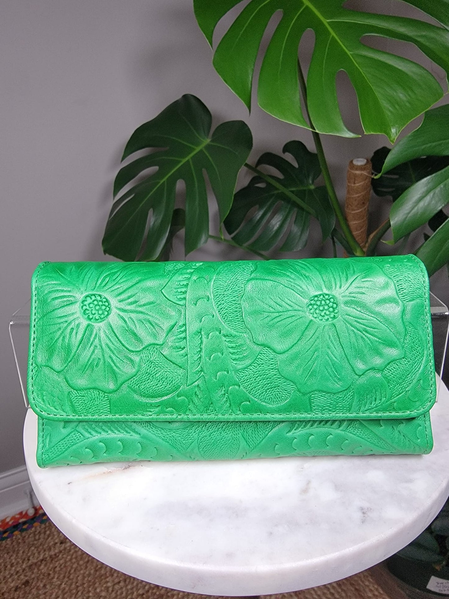 Large Embossed Leather Floral Trifold Wallet