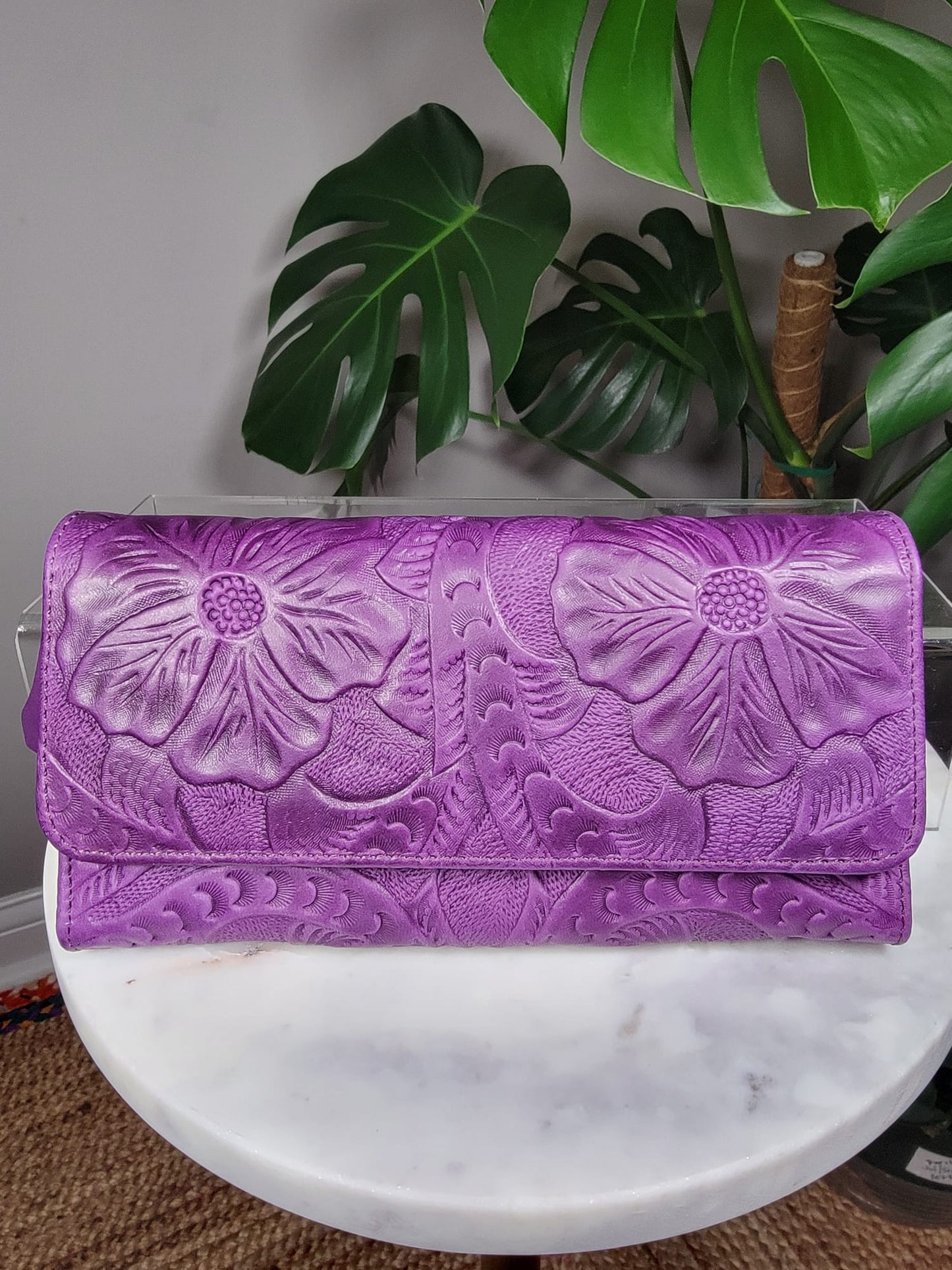 Large Embossed Leather Floral Trifold Wallet