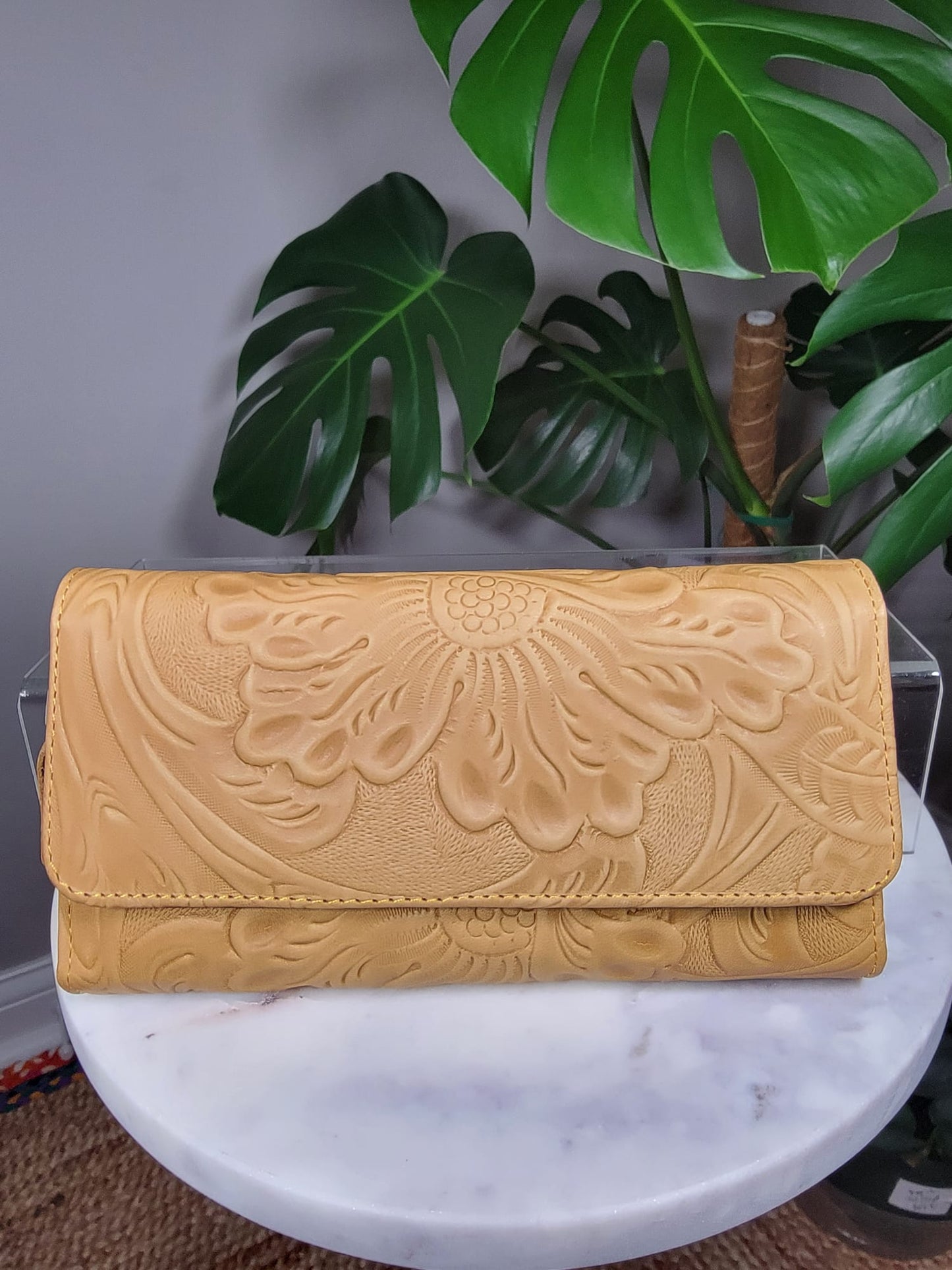 Large Embossed Leather Floral Trifold Wallet