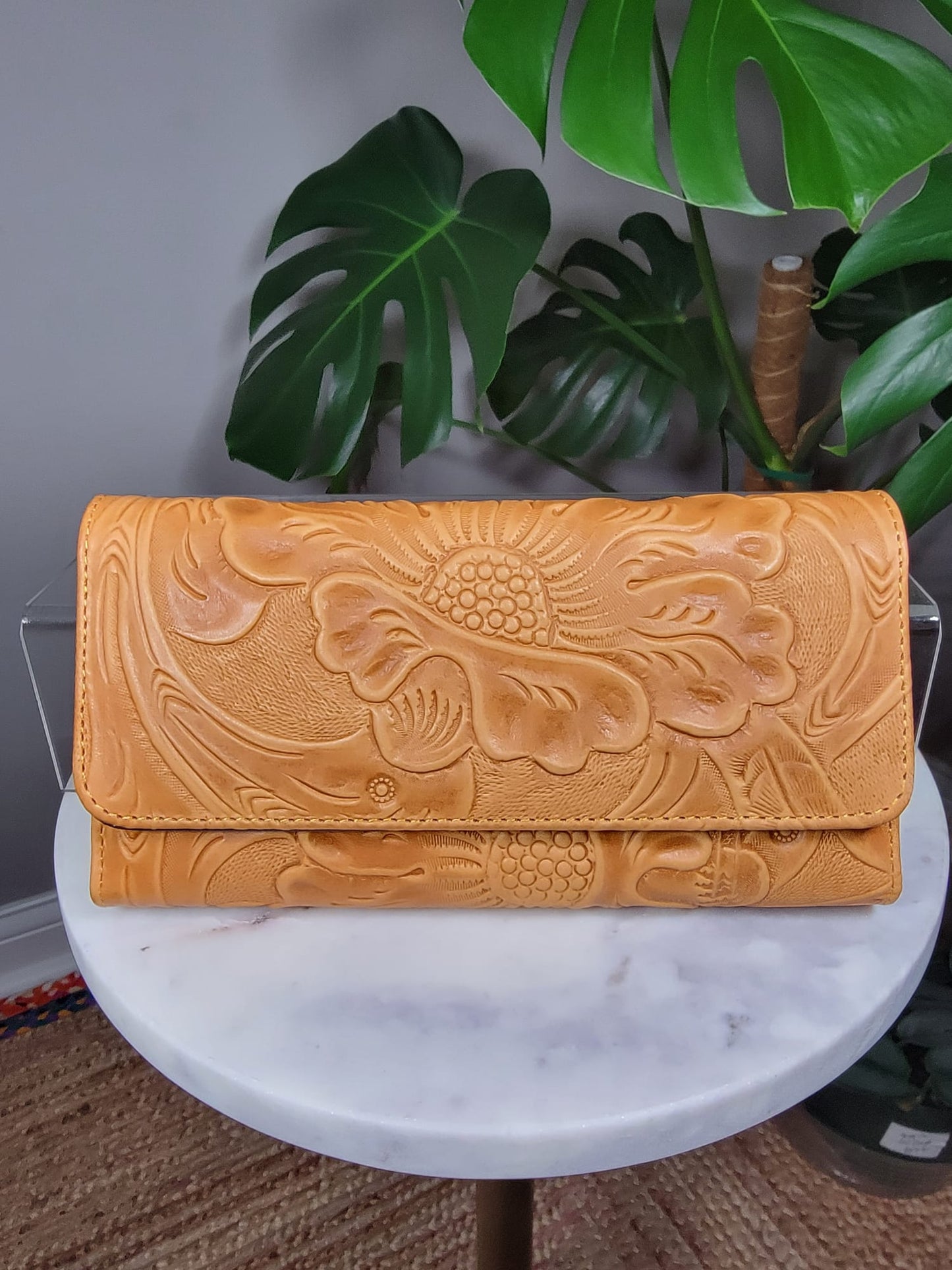 Large Embossed Leather Floral Trifold Wallet