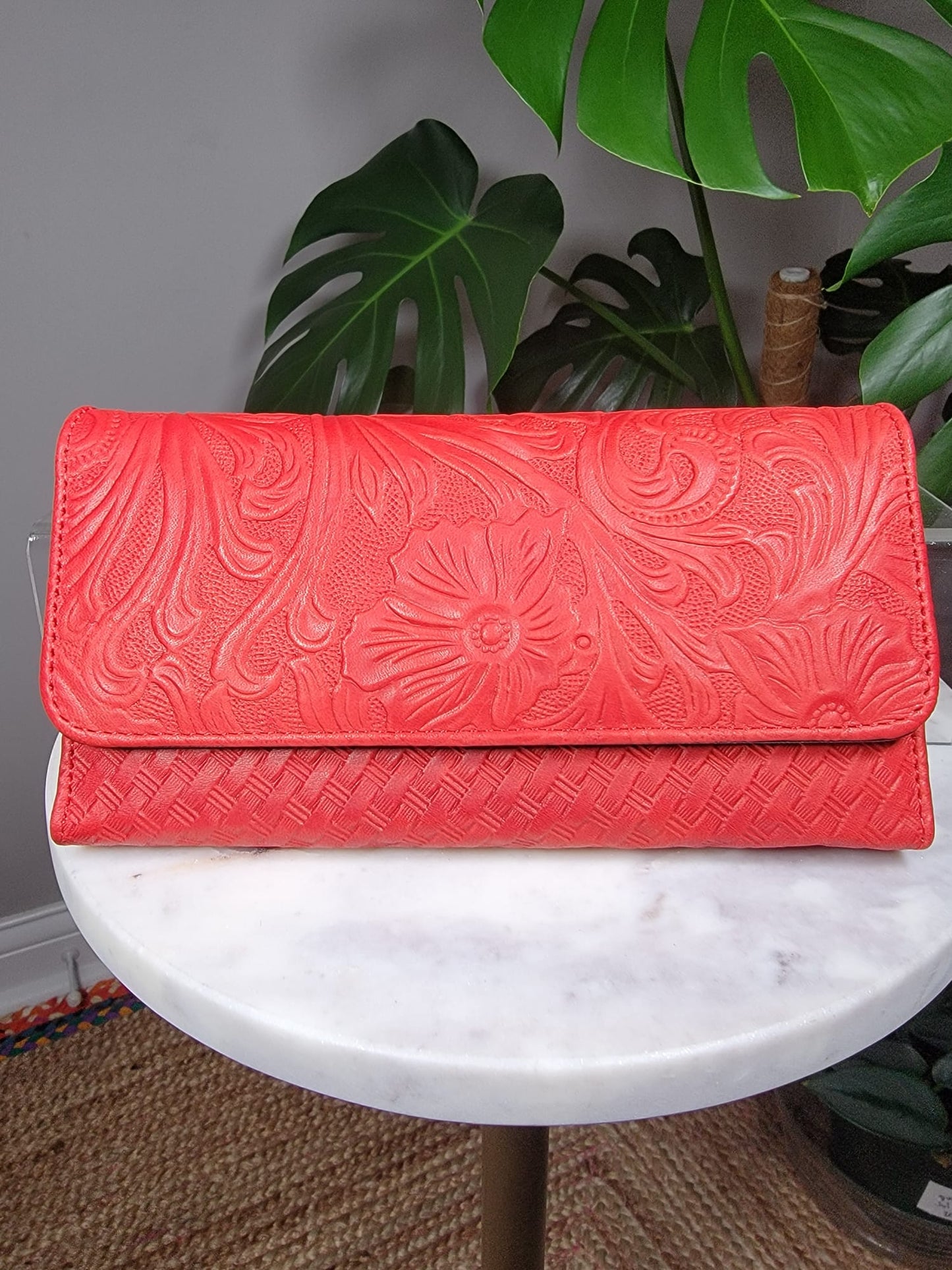 Large Embossed Leather Basket Weave Floral Trifold Wallet