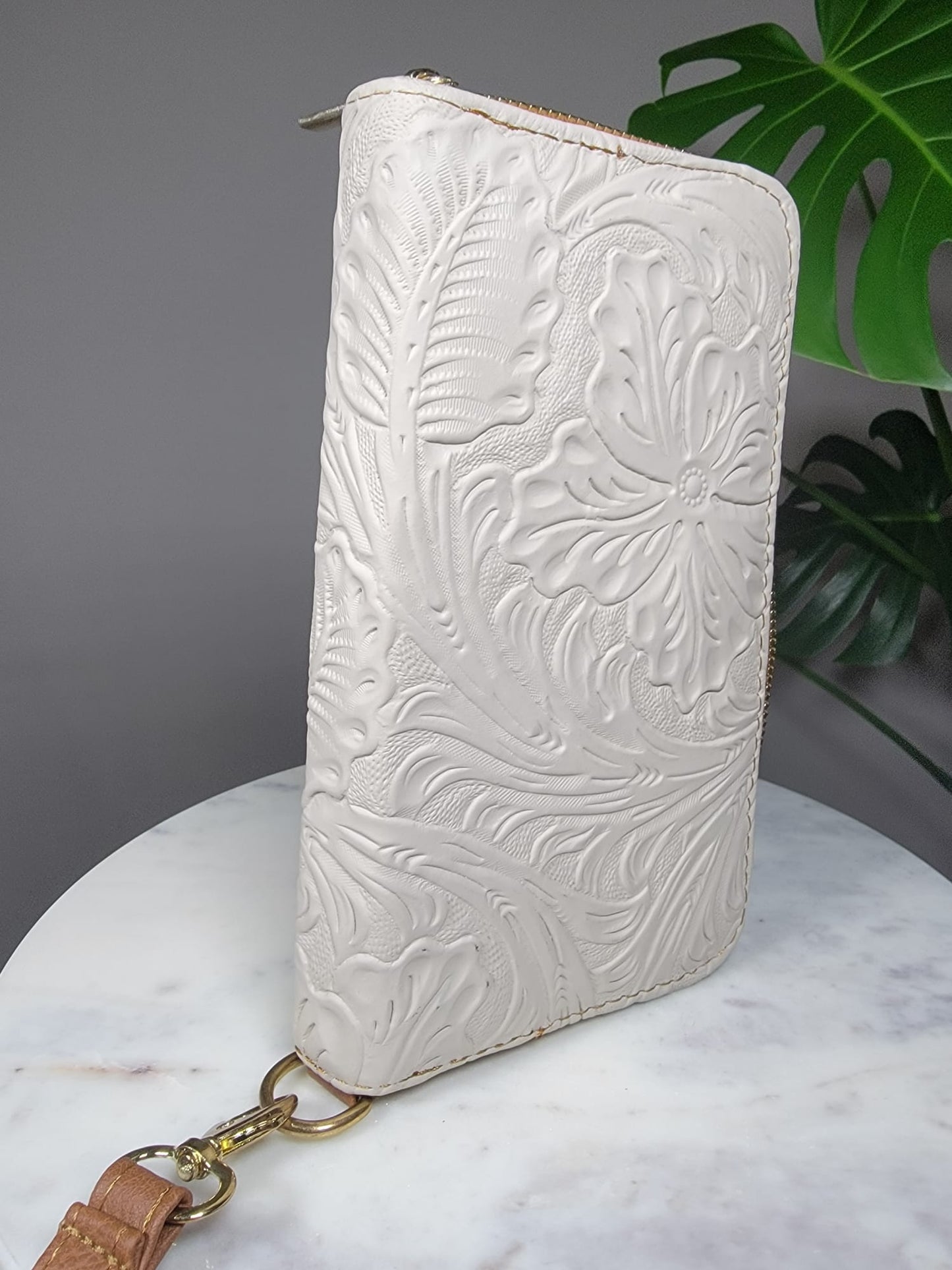 Large Embossed Leather Floral Zipper Wallet