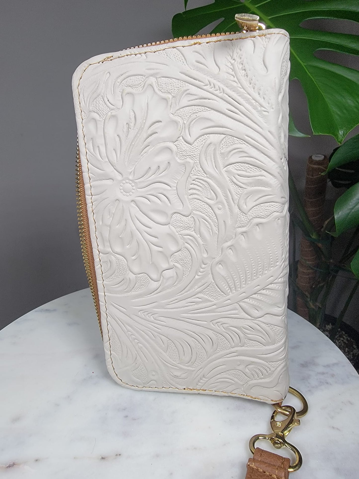 Large Embossed Leather Floral Zipper Wallet