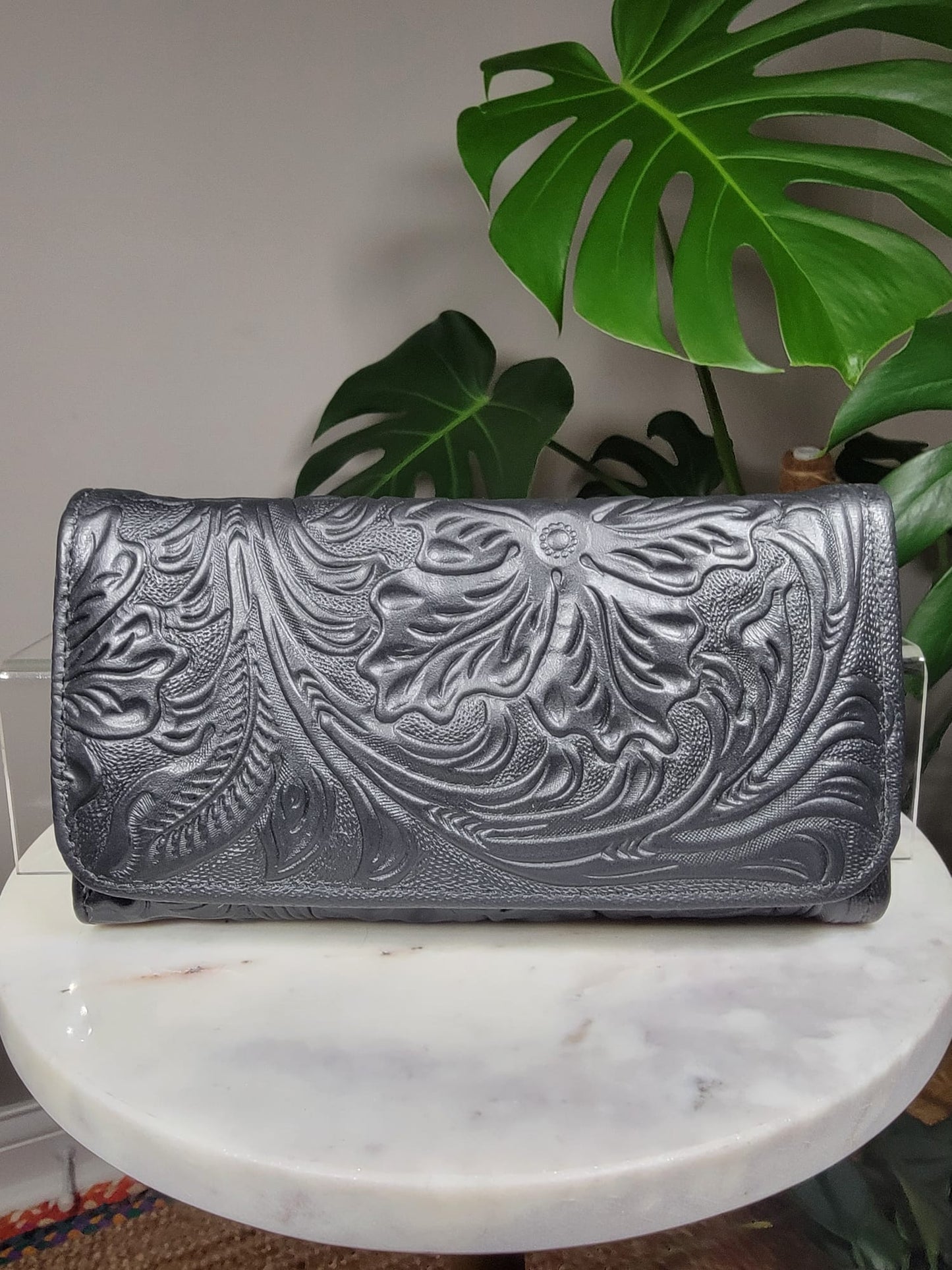 Large Embossed Leather Floral Trifold #2 Wallet