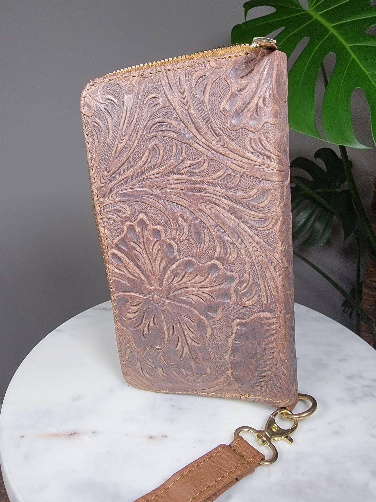 Large Embossed Leather Floral Zipper Wallet