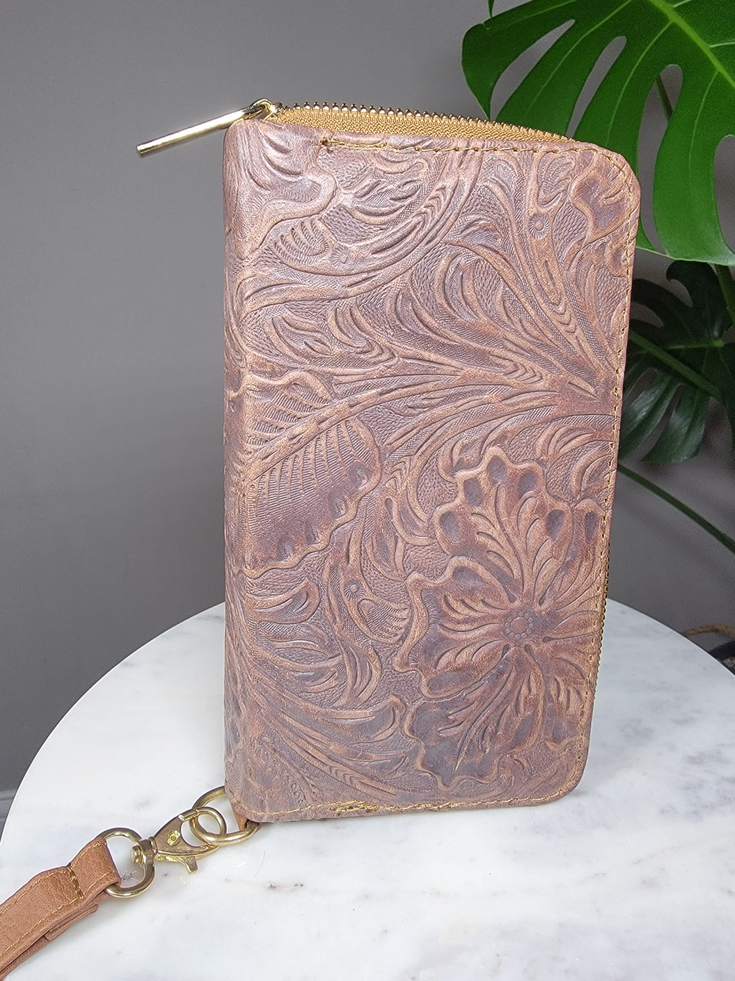 Large Embossed Leather Floral Zipper Wallet