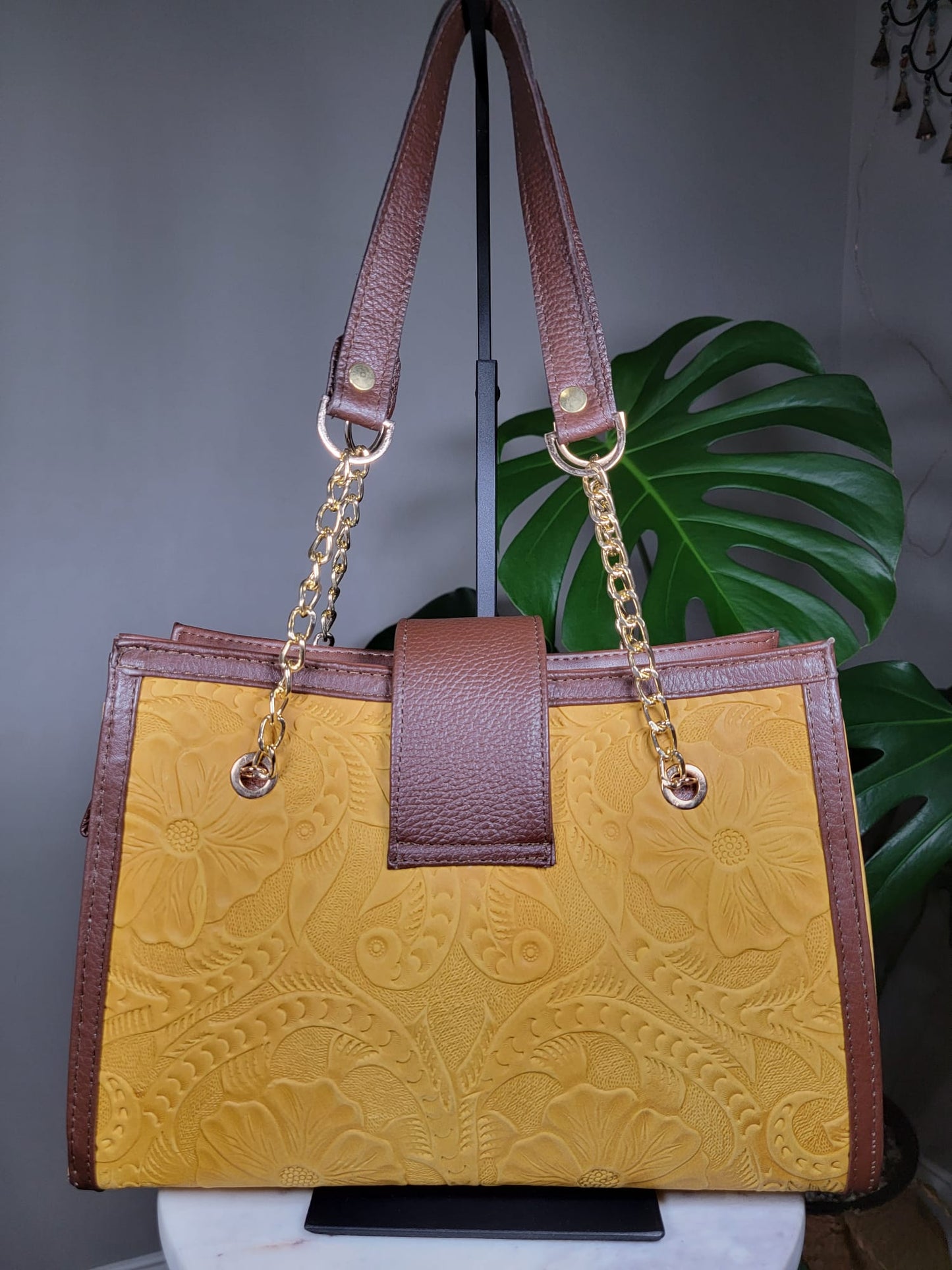 Embossed Leather Structured Shoulder Bag