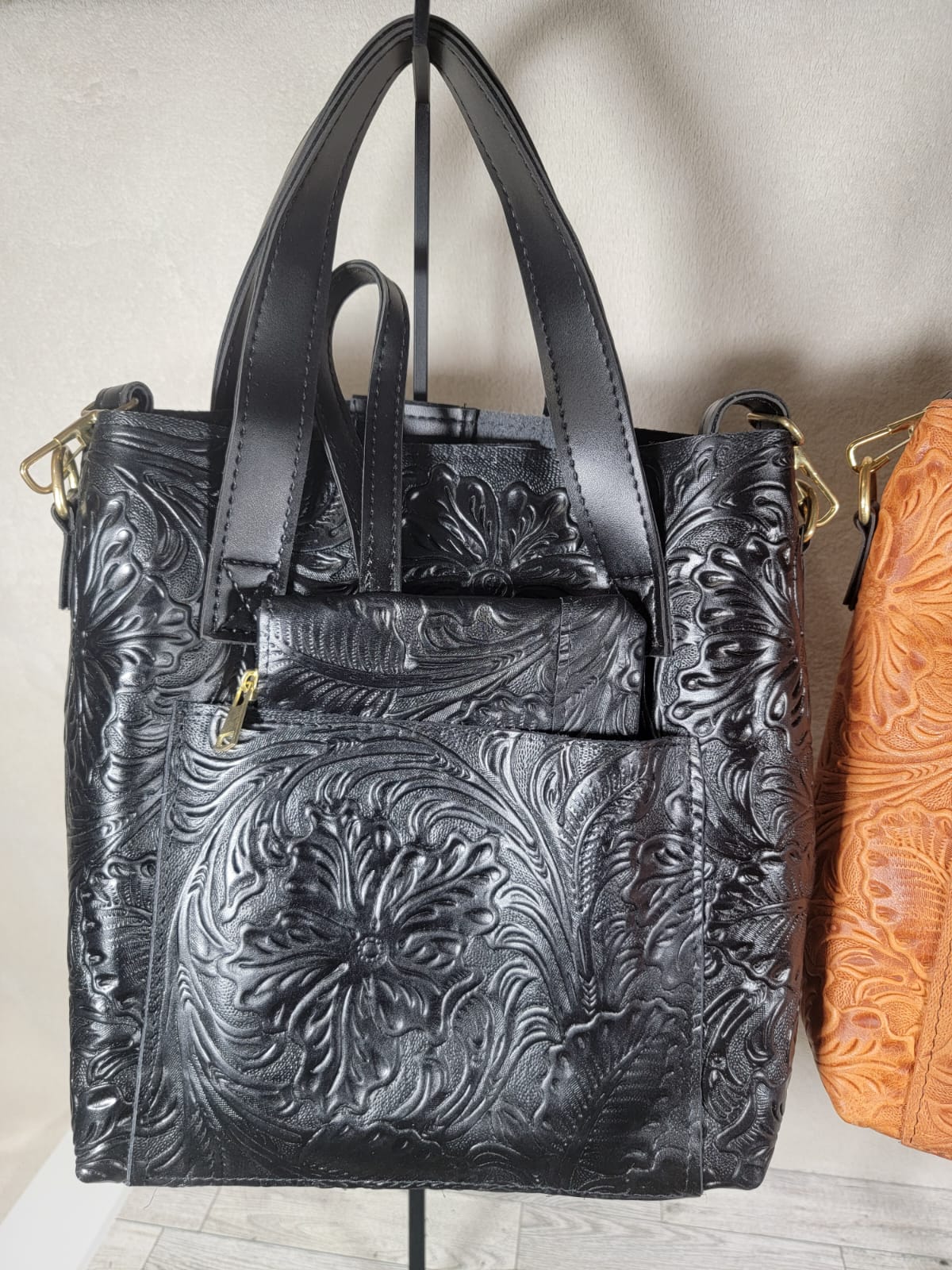 Embossed Leather Tote with Mini Wristlet Wallet