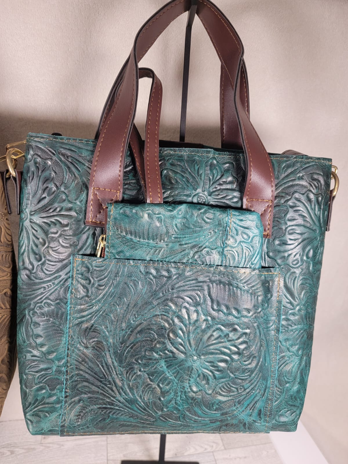 Embossed Leather Tote with Mini Wristlet Wallet