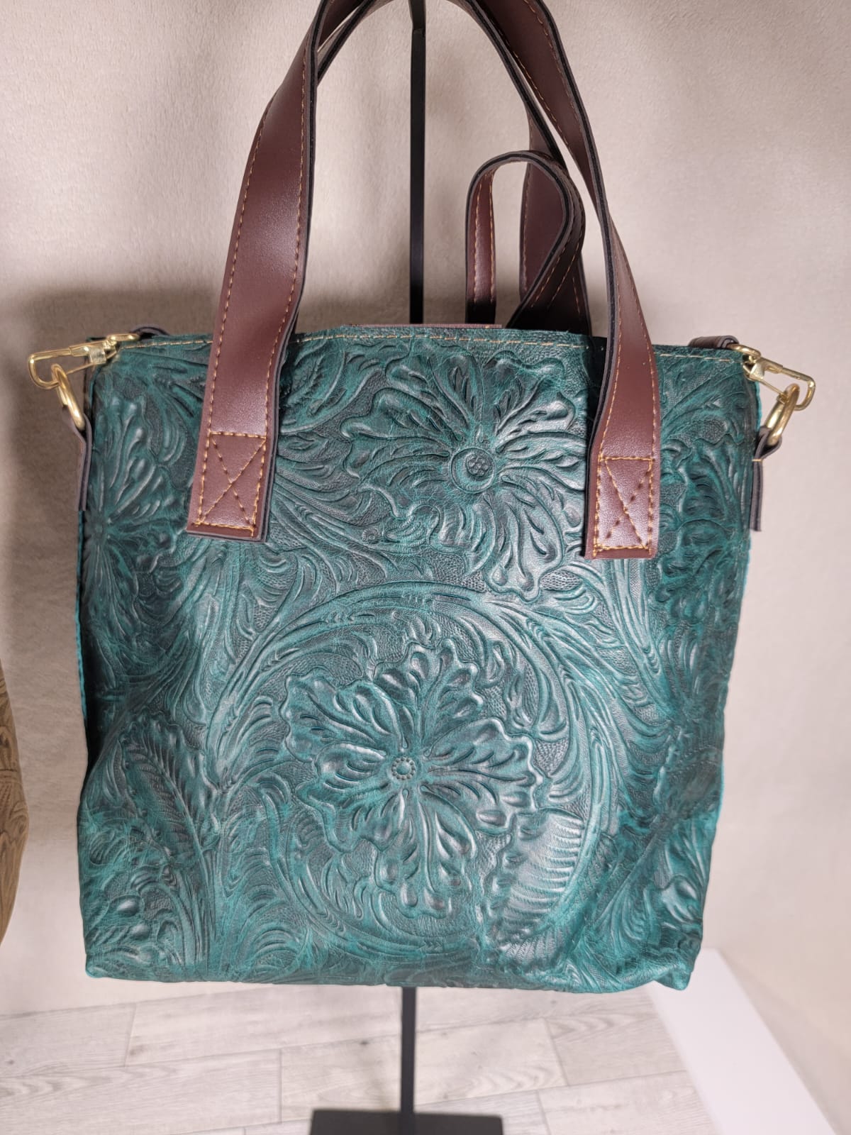 Embossed Leather Tote with Mini Wristlet Wallet