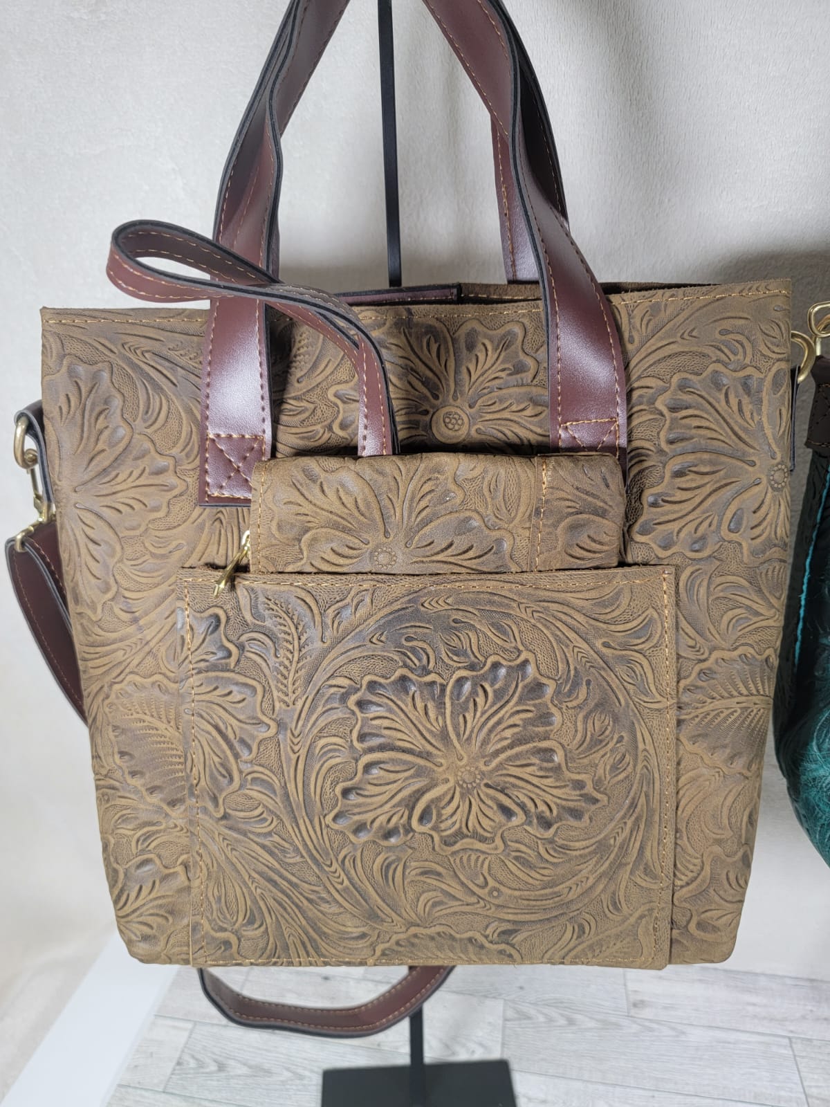 Embossed Leather Tote with Mini Wristlet Wallet