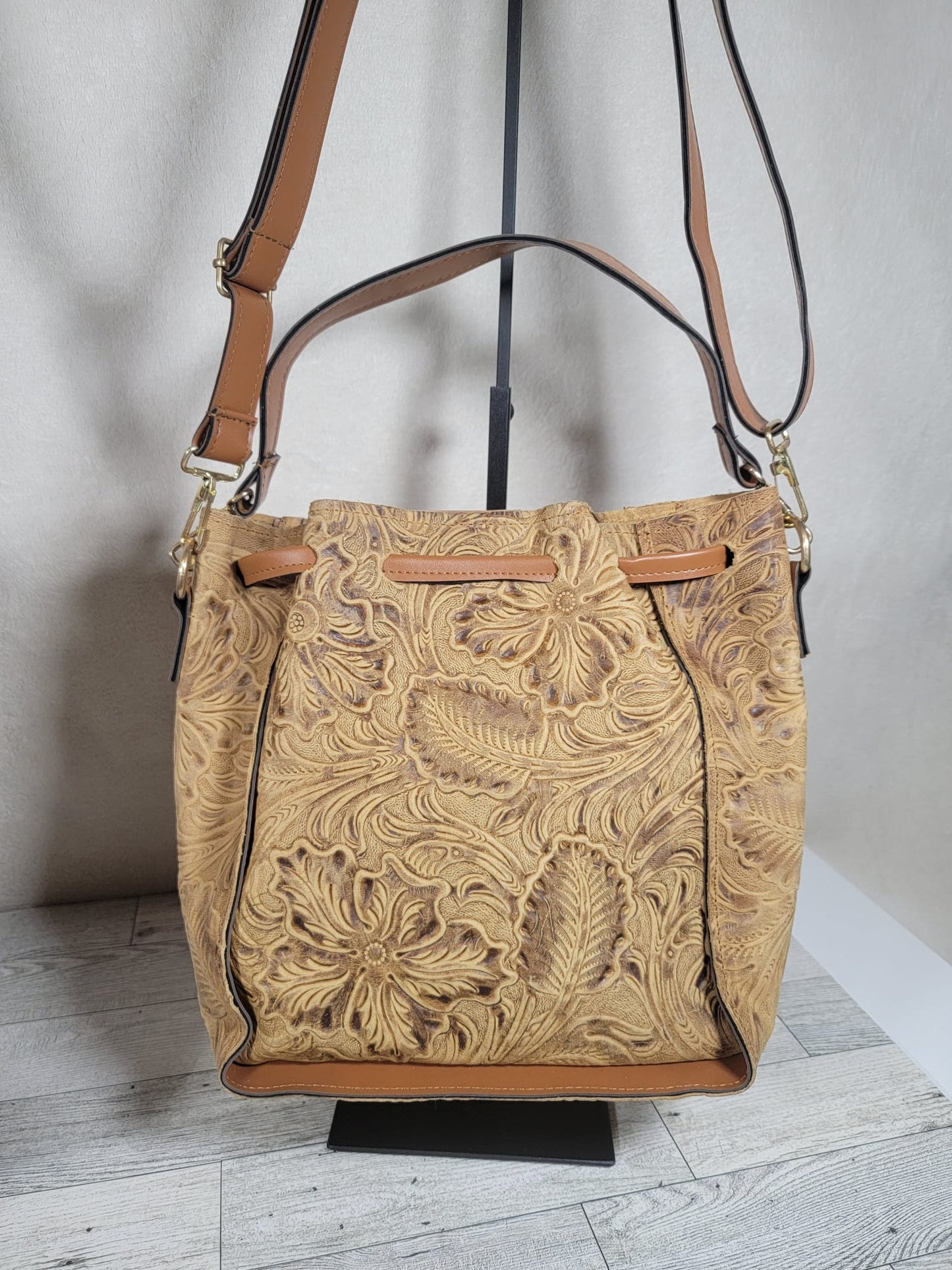 Embossed Leather Convertible Bucket Bag