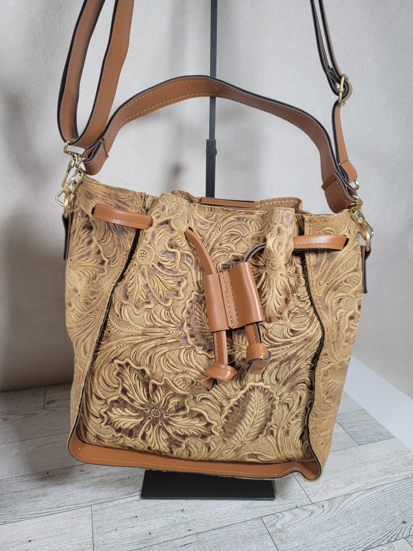 Embossed Leather Convertible Bucket Bag