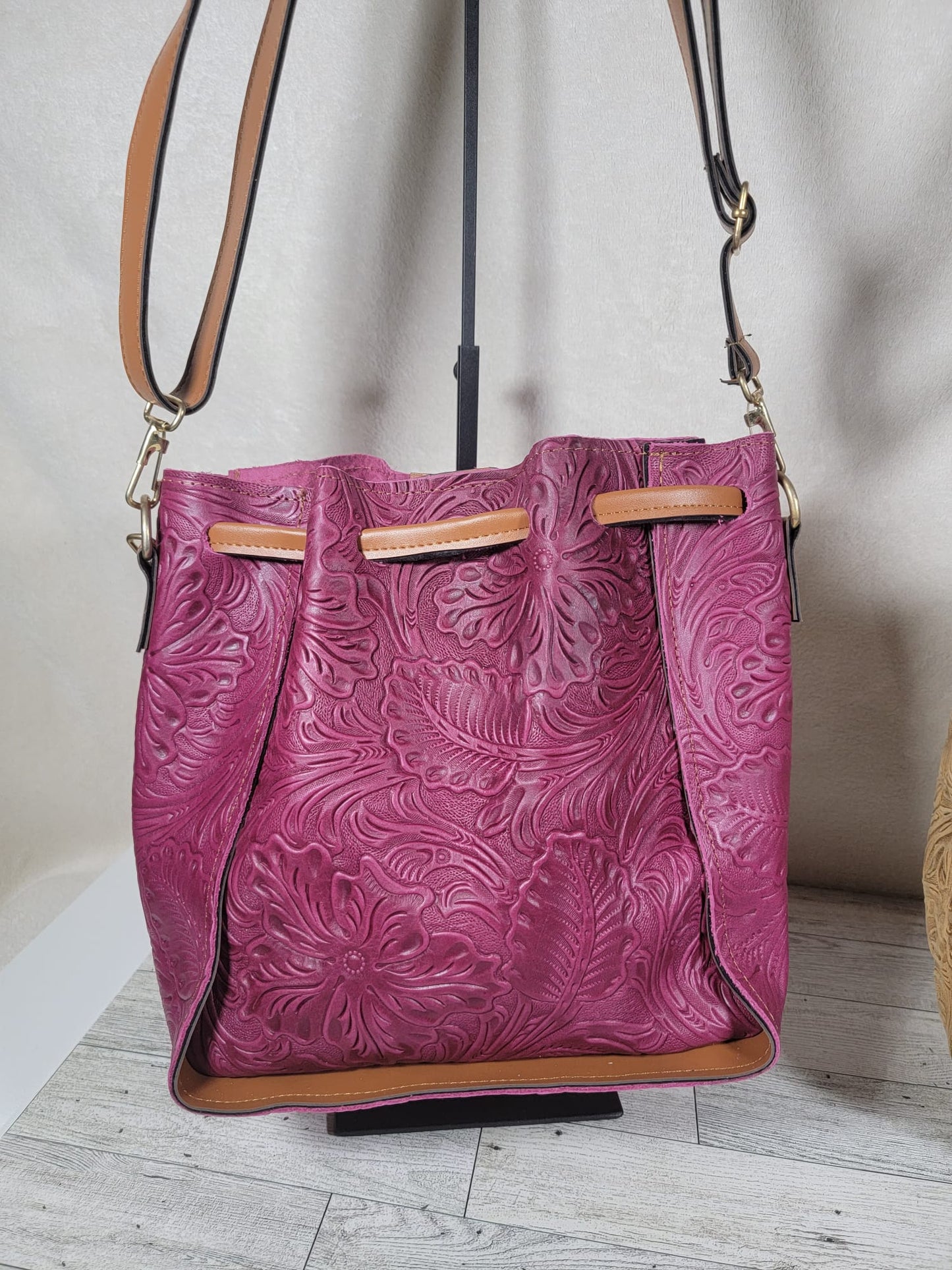 Embossed Leather Convertible Bucket Bag