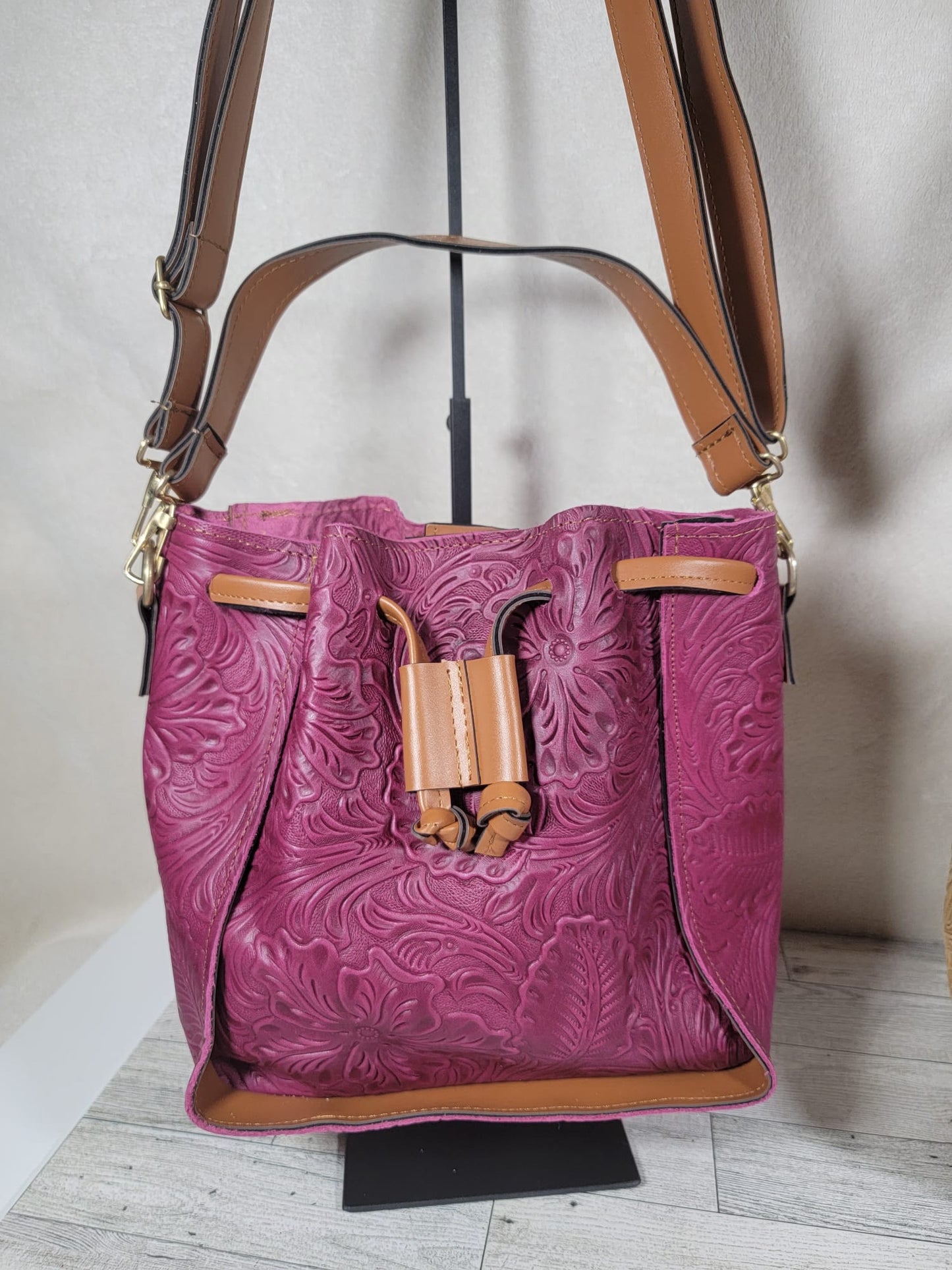 Embossed Leather Convertible Bucket Bag