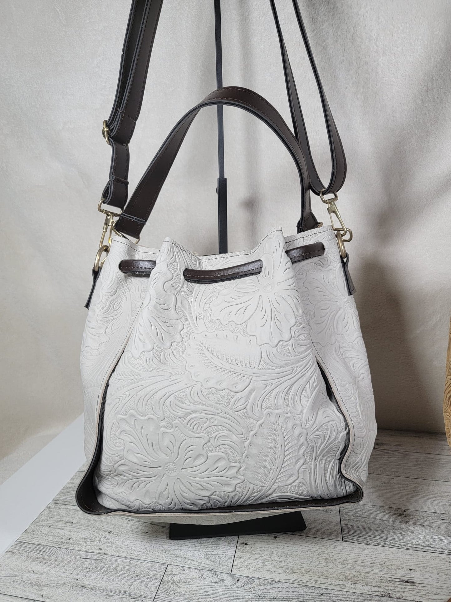 Embossed Leather Convertible Bucket Bag