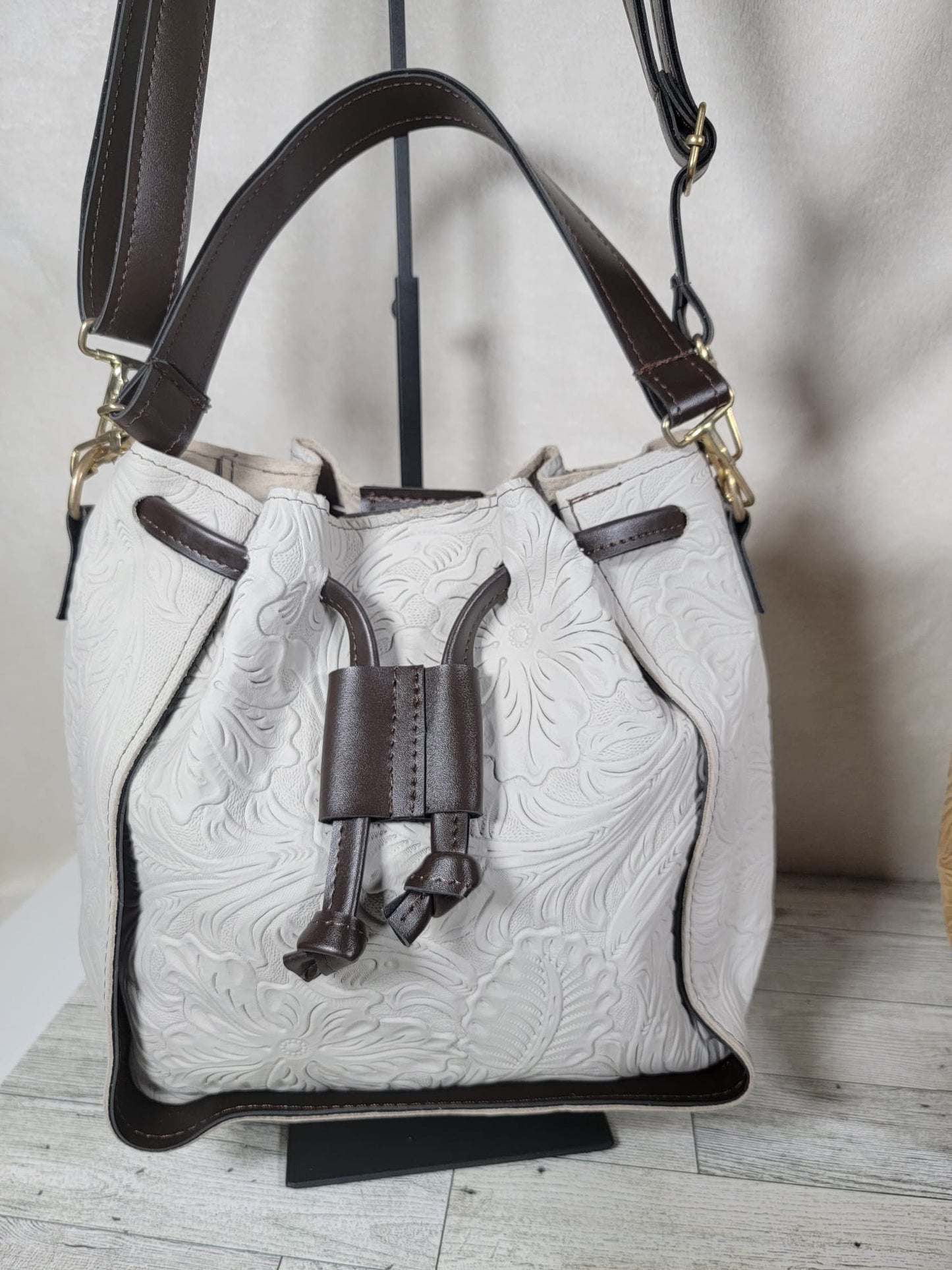 Embossed Leather Convertible Bucket Bag