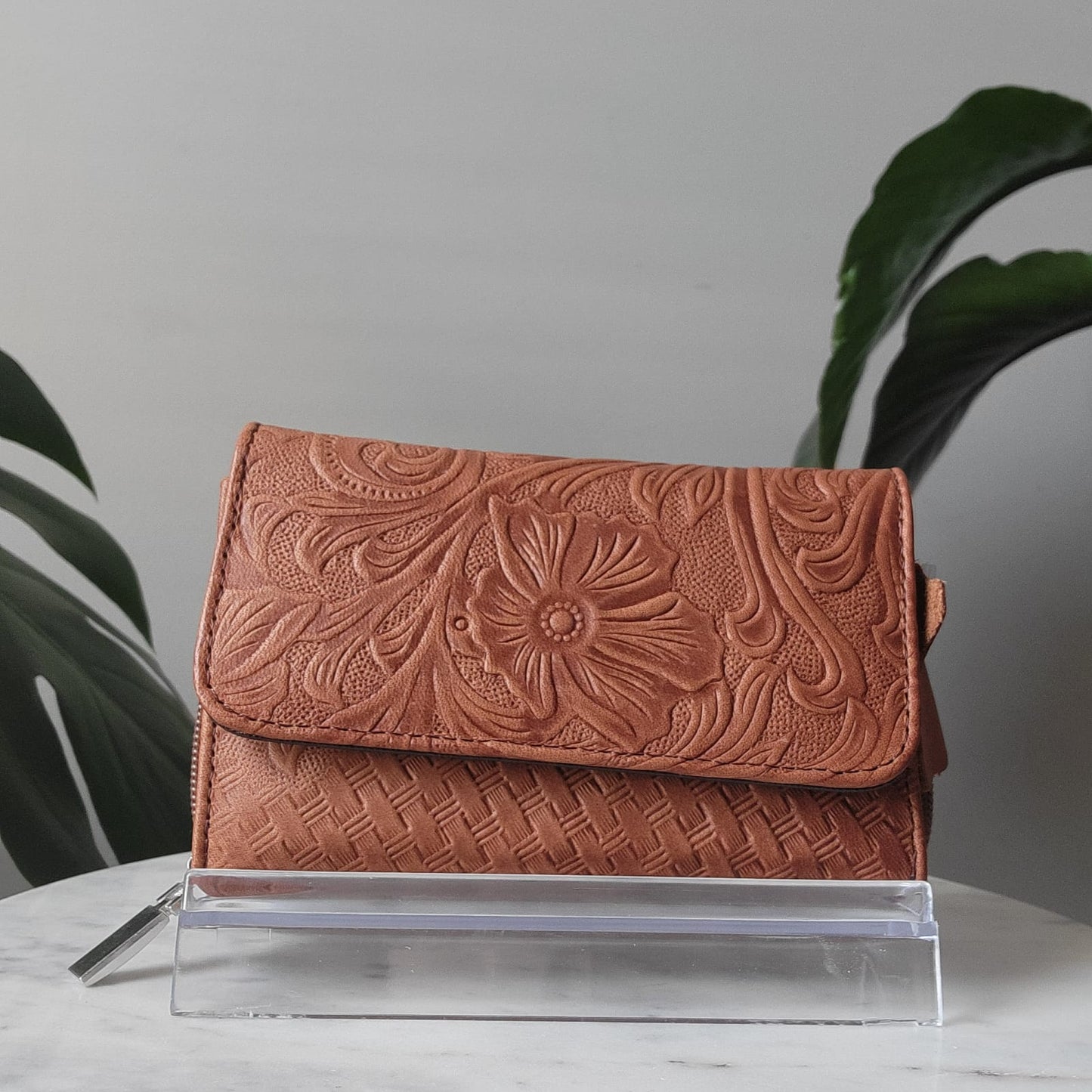 Medium Embossed Leather Basket Weave Floral Trifold Zipper Wallet