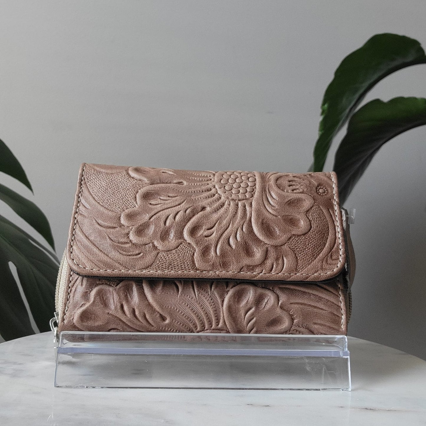 Medium Embossed Leather Floral Trifold Zipper Wallet