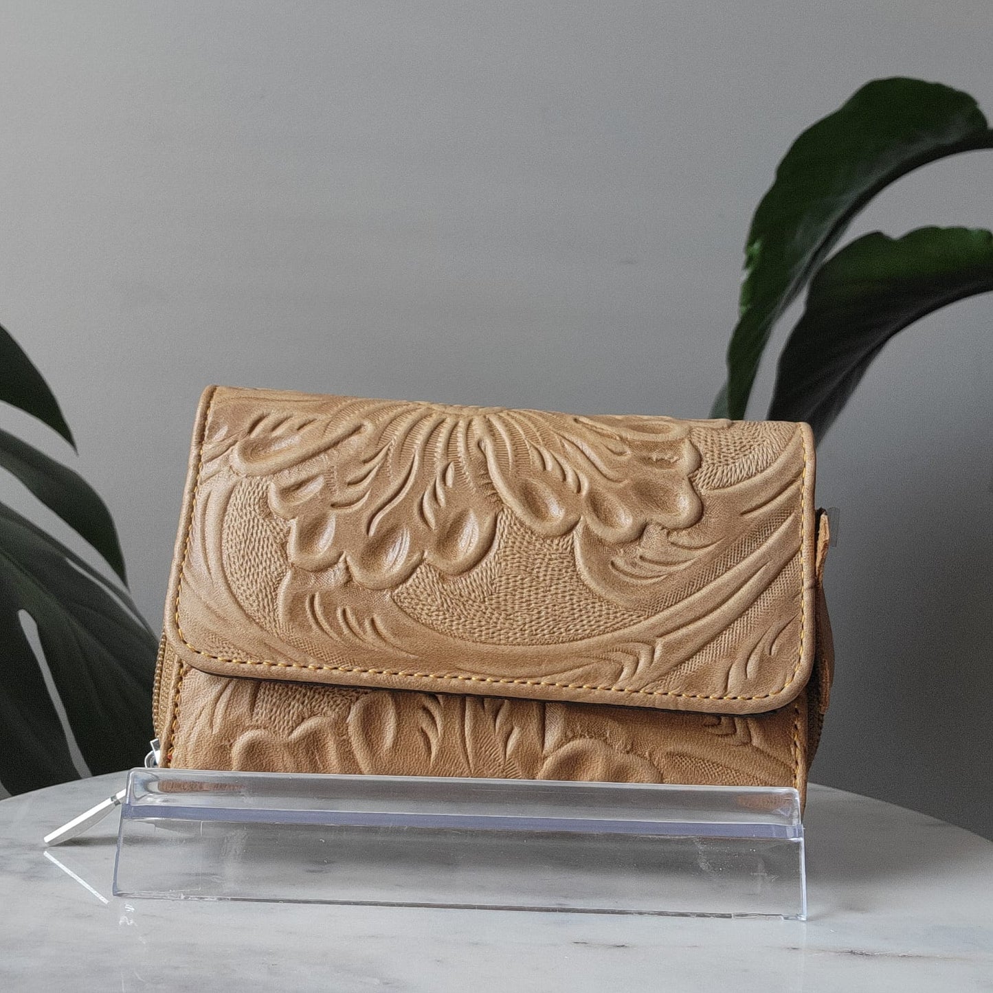 Medium Embossed Leather Floral Trifold Zipper Wallet