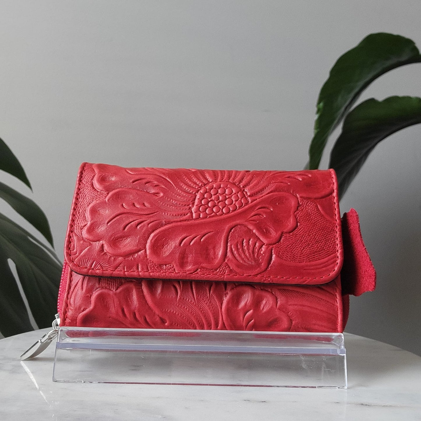 Medium Embossed Leather Floral Trifold Zipper Wallet