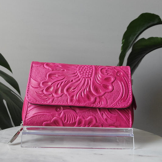 Medium Embossed Leather Floral Trifold Zipper Wallet