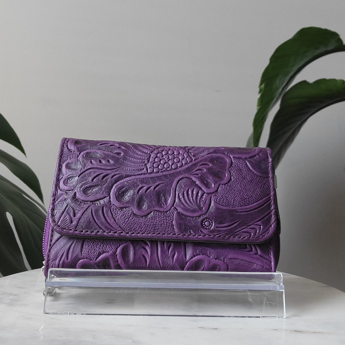 Medium Embossed Leather Floral Trifold Zipper Wallet